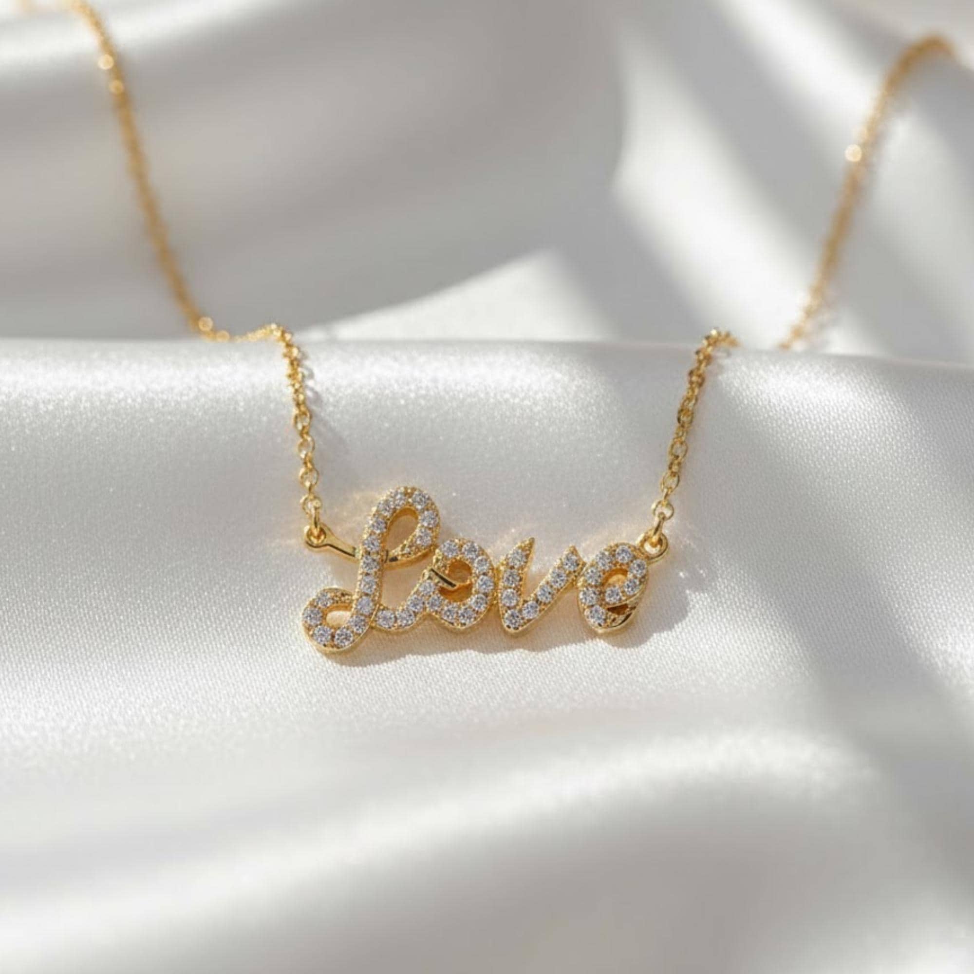 Pave Diamond Love Necklace 14K Solid Gold 0.15 Ct E F VS1 Luxury Script Pendant
