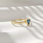 Triangle Bezel Set Ring | Blue Sapphire Diamond Green Emerald Gemstone Trillion Cut Promise Ring | 14K Solid Gold Minimal Stackable Ring
