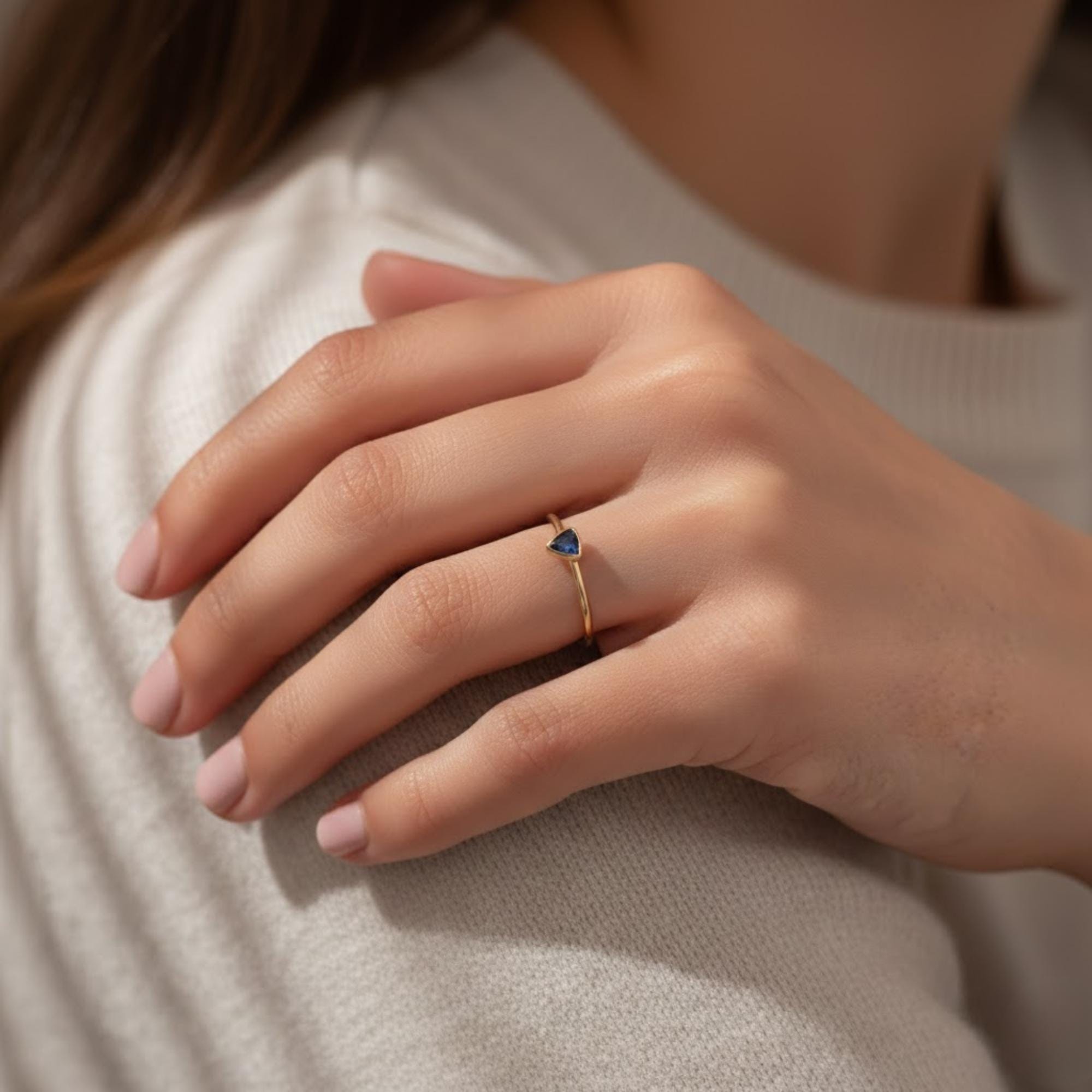 Triangle Bezel Set Ring | Blue Sapphire Diamond Green Emerald Gemstone Trillion Cut Promise Ring | 14K Solid Gold Minimal Stackable Ring