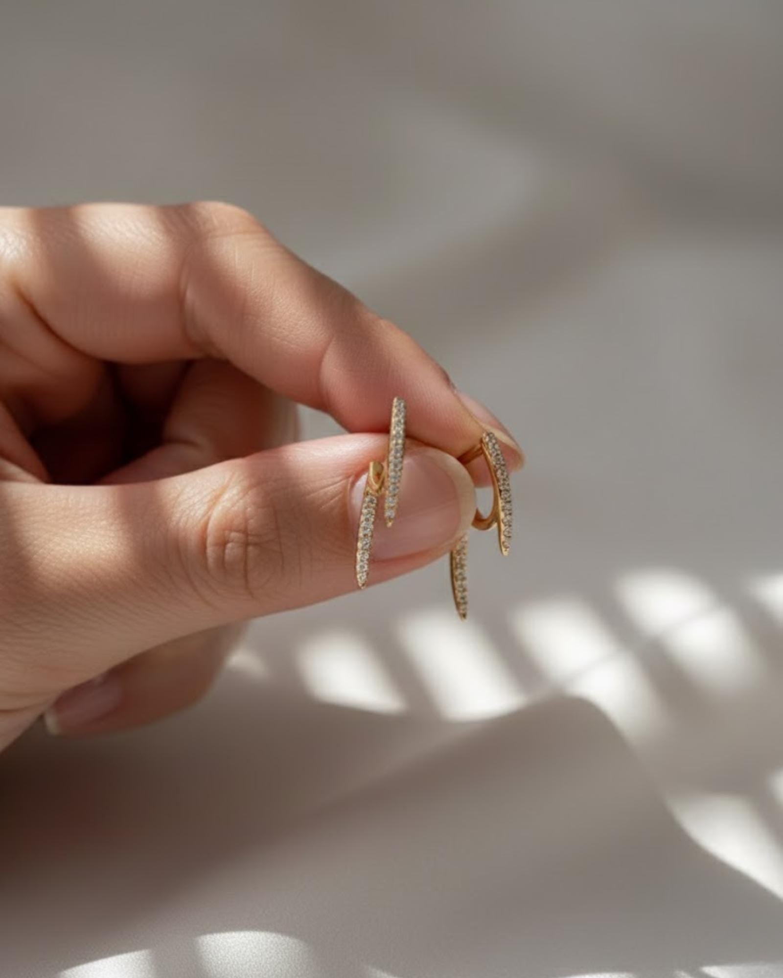 14K Solid Gold Double Spike Pavé Diamond Studs Earrings