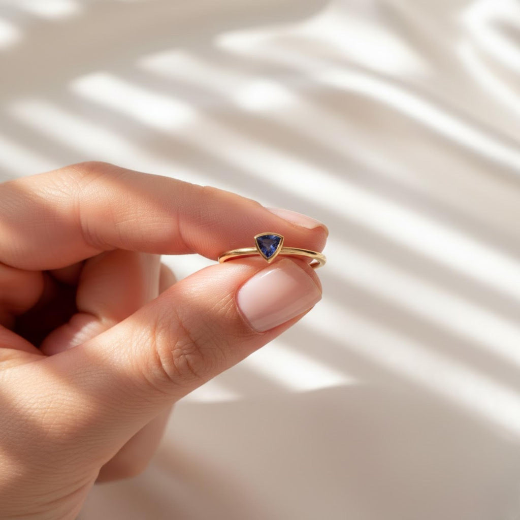 Bezel Triangle Sapphire Ring | Minimal September Birthstone Ring | 14K Solid Gold Stackable Ring