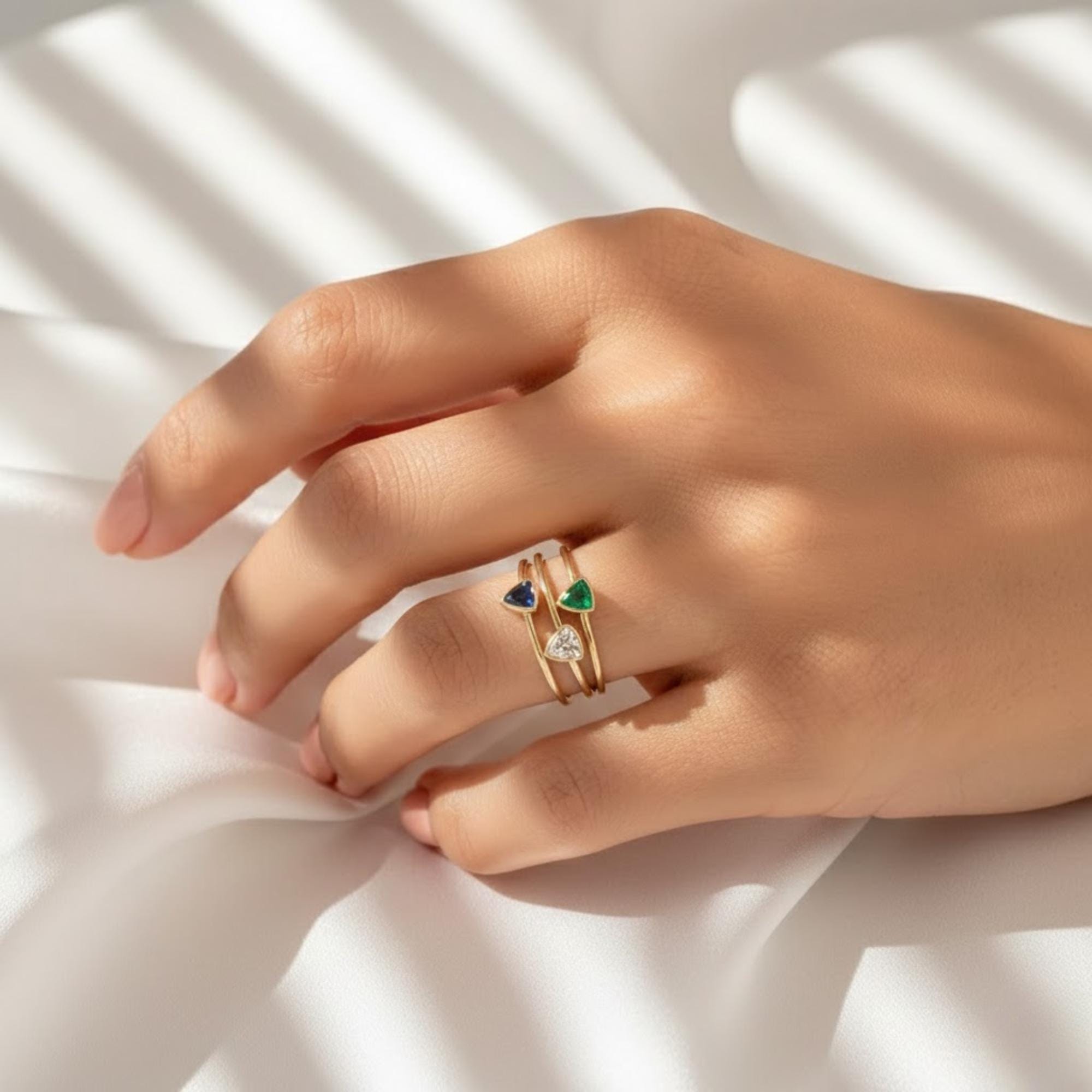 Triangle Bezel Set Ring | Blue Sapphire Diamond Green Emerald Gemstone Trillion Cut Promise Ring | 14K Solid Gold Minimal Stackable Ring