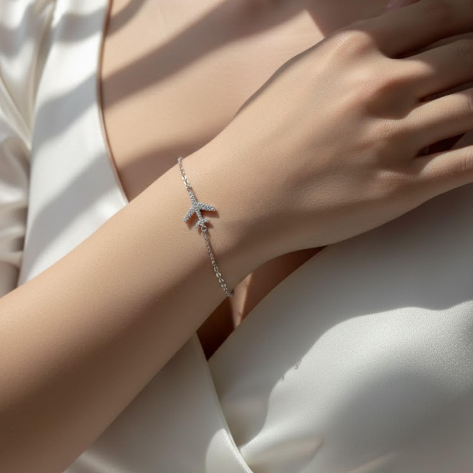 0.50 Ct Lab Diamond Airplane Bracelet 10K 14K Gold Travel Charm Pave Luxury Tennis Style Bracelet