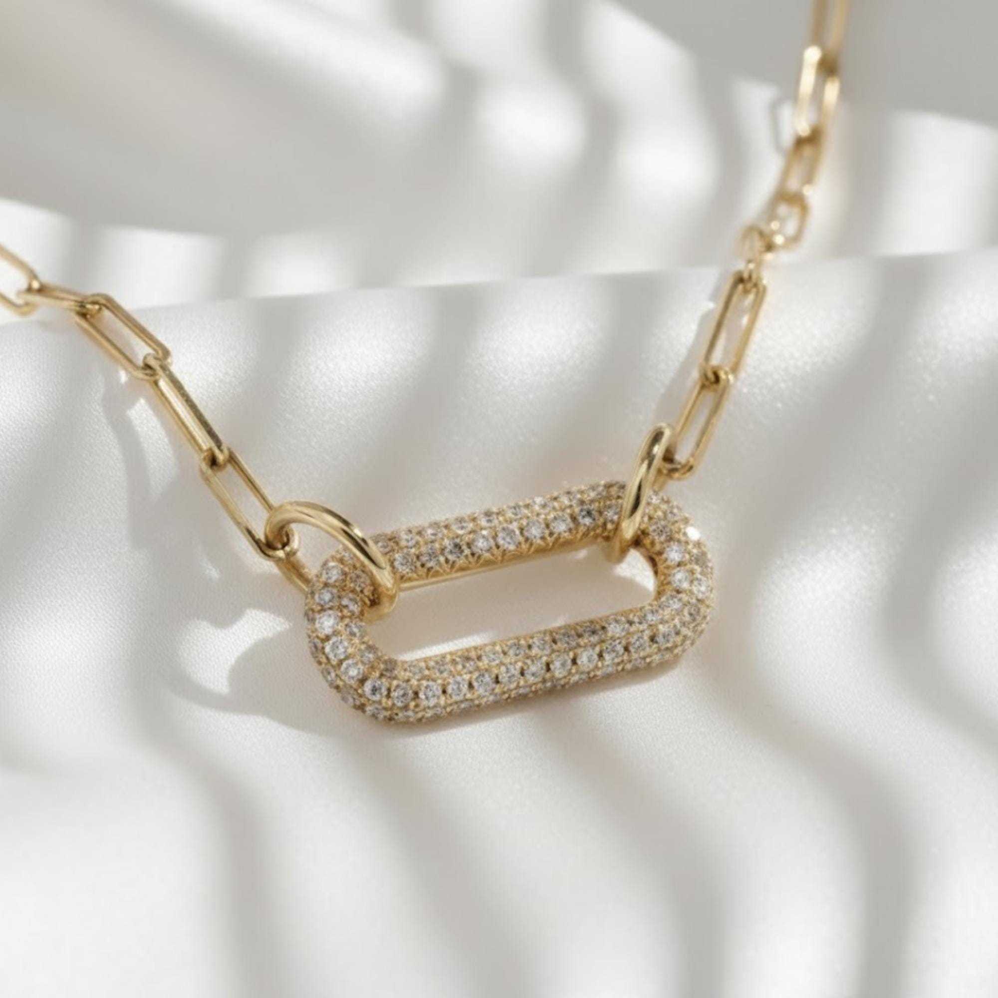 14K Gold Single Diamond Cable Necklace, Lab Grown White Diamond, Paperclip Style Chain, Adjustable 16-20 in, Elegant Everyday Jewelry