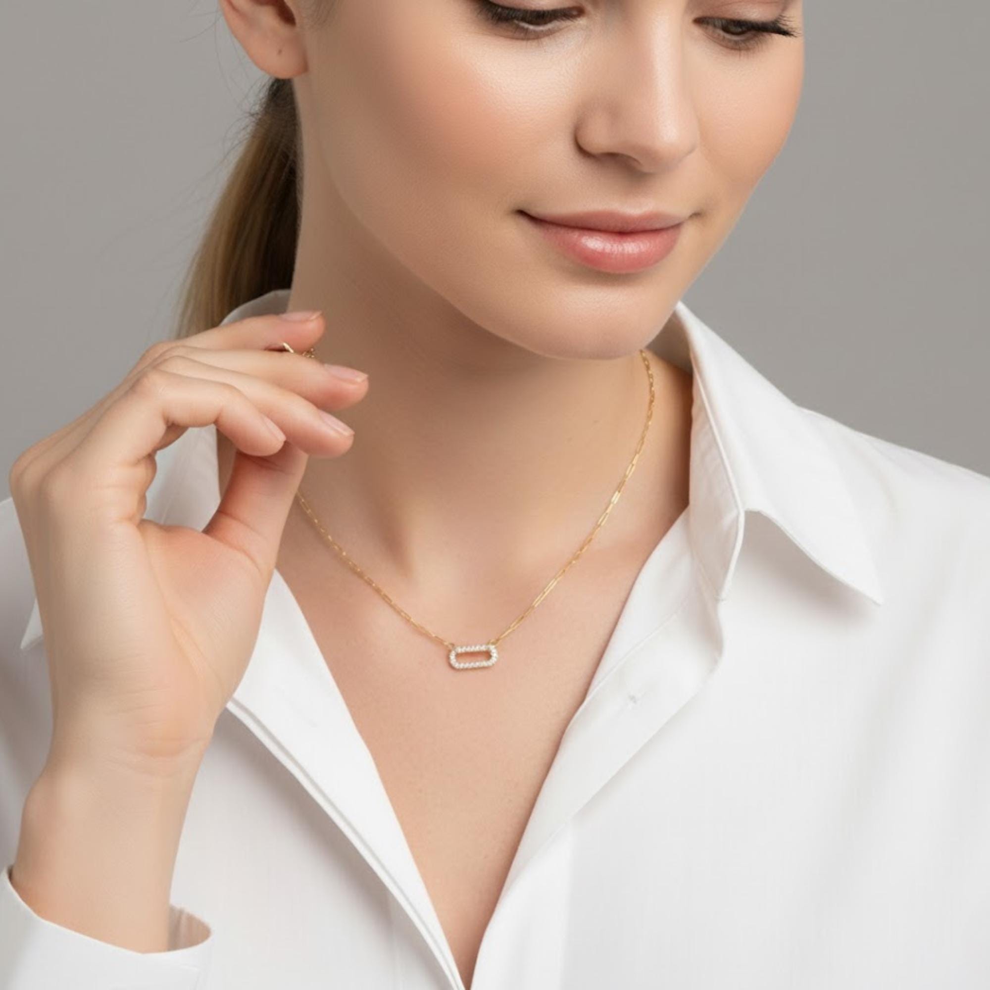 14K Gold Single Diamond Cable Necklace, Lab Grown White Diamond, Paperclip Style Chain, Adjustable 16-20 in, Elegant Everyday Jewelry