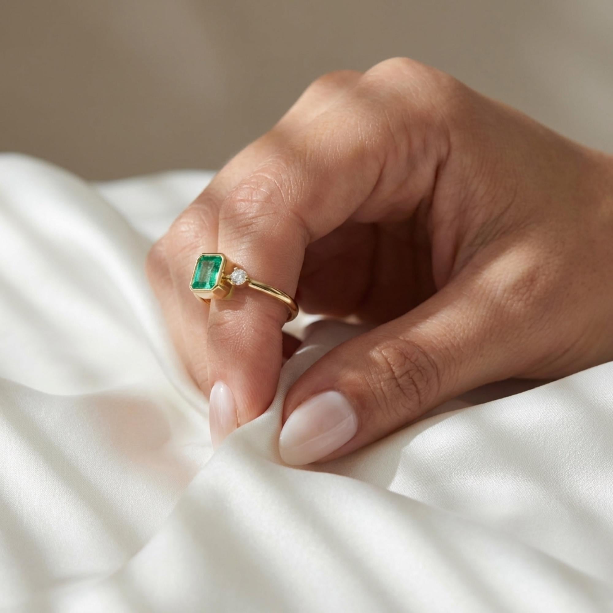 Emerald Gemstone Engagement Ring Asymmetric Green Emerald and Diamond Bezel Set Ring 14K Gold Minimalist Emerald Ring