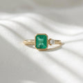 Emerald Gemstone Engagement Ring Asymmetric Green Emerald and Diamond Bezel Set Ring 14K Gold Minimalist Emerald Ring