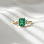 Emerald Gemstone Engagement Ring Asymmetric Green Emerald and Diamond Bezel Set Ring 14K Gold Minimalist Emerald Ring