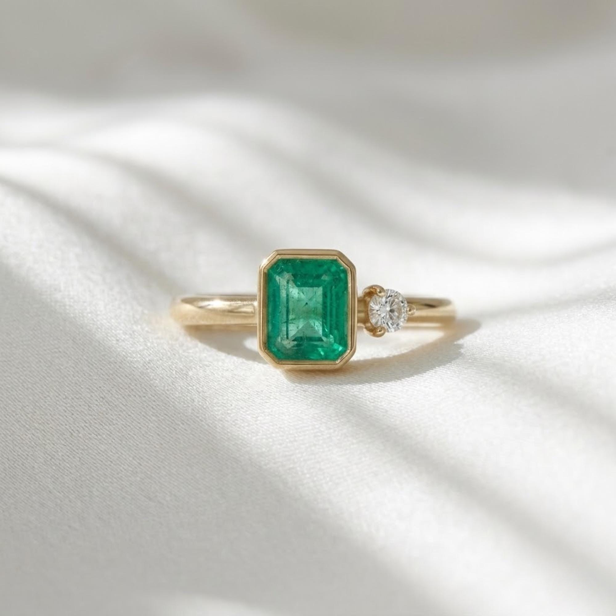 Emerald Gemstone Engagement Ring Asymmetric Green Emerald and Diamond Bezel Set Ring 14K Gold Minimalist Emerald Ring