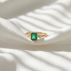 Green Emerald Birthstone Engagement Ring Asymmetric Emerald Ring 10K Gold and Sterling Silver Minimalist Ring