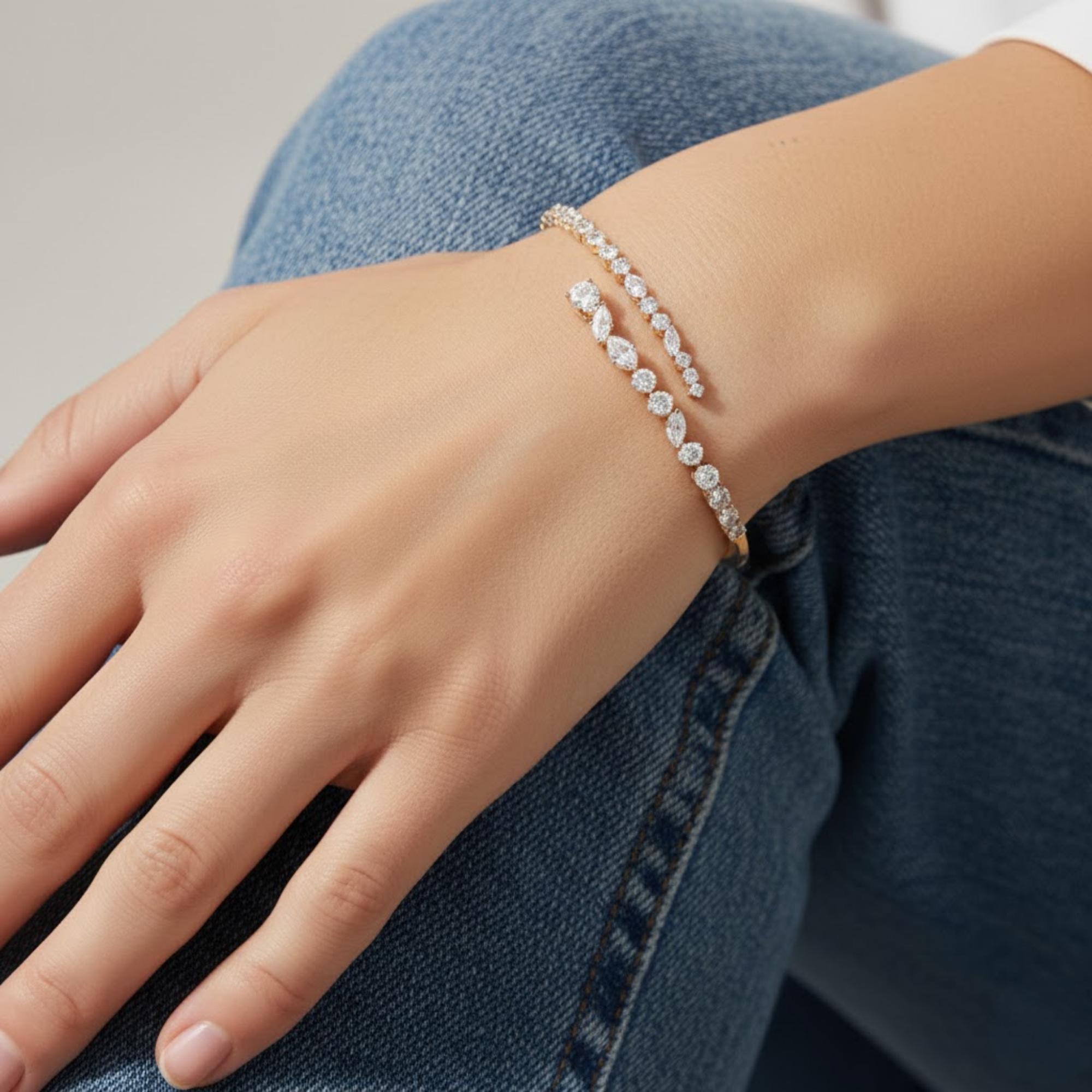 6.00 CT Lab Grown Diamond Bypass Cuff Bracelet – 14K Solid Gold Statement Bangle, E-F VS1 Luxury Fine Jewelry