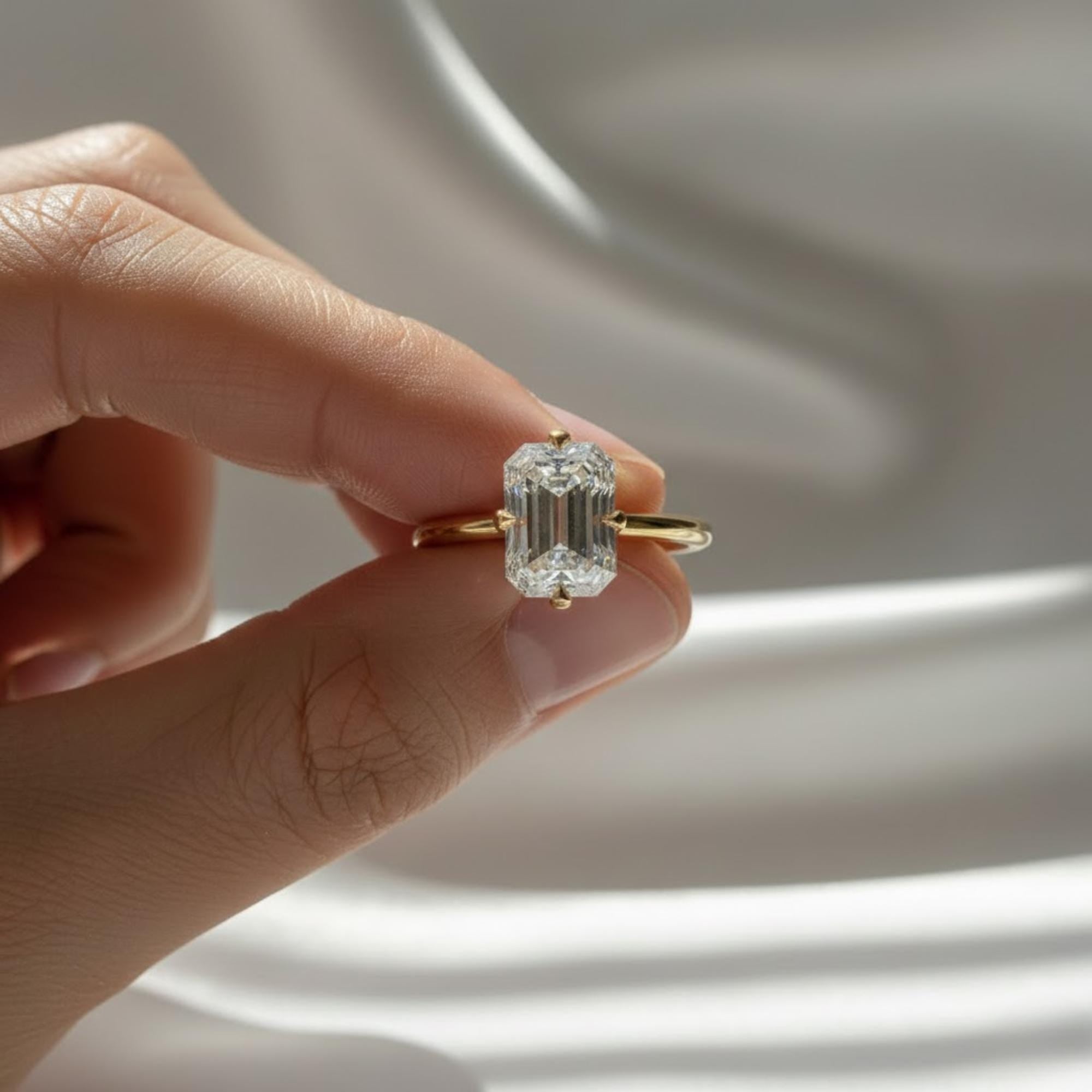 2.70 Ct Emerald Cut Lab Grown Diamond Ring IGI Certified VS2 10K 14K Gold High Profile Solitaire Engagement Ring