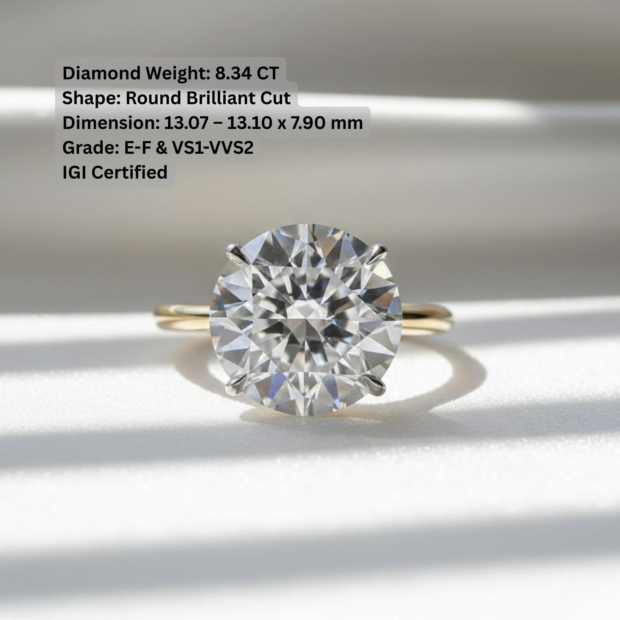 8.34 Ct Round Lab Grown Diamond Ring IGI Certified Triple Excellent E F VS1 10K 14K Gold Luxury Engagement Ring
