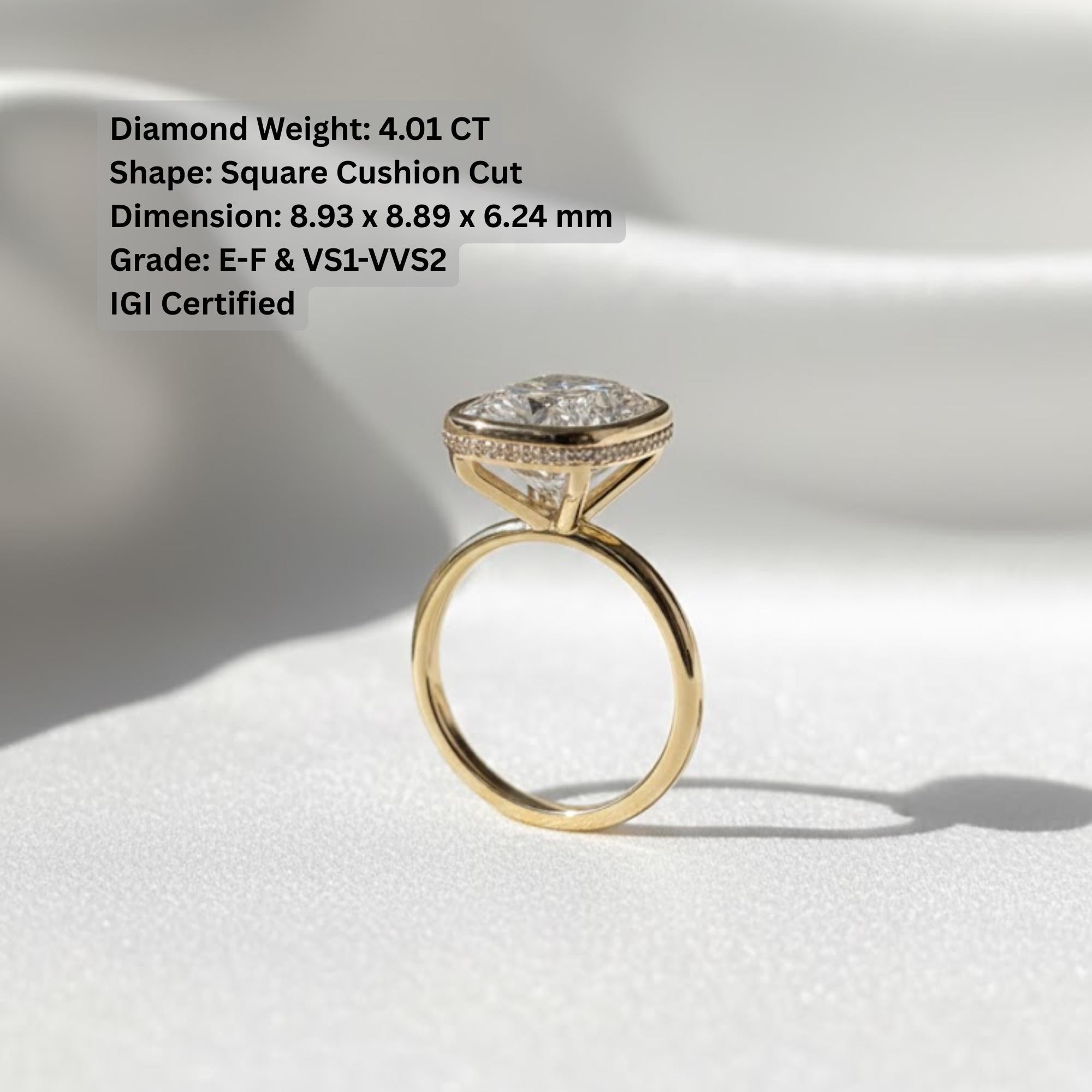 4 CT Excellent Cushion Cut Diamond Ring / Bezel Setting Solitaire Lab Grown Diamond Ring / 14K Yellow Gold Wedding Bezel Engagement Ring