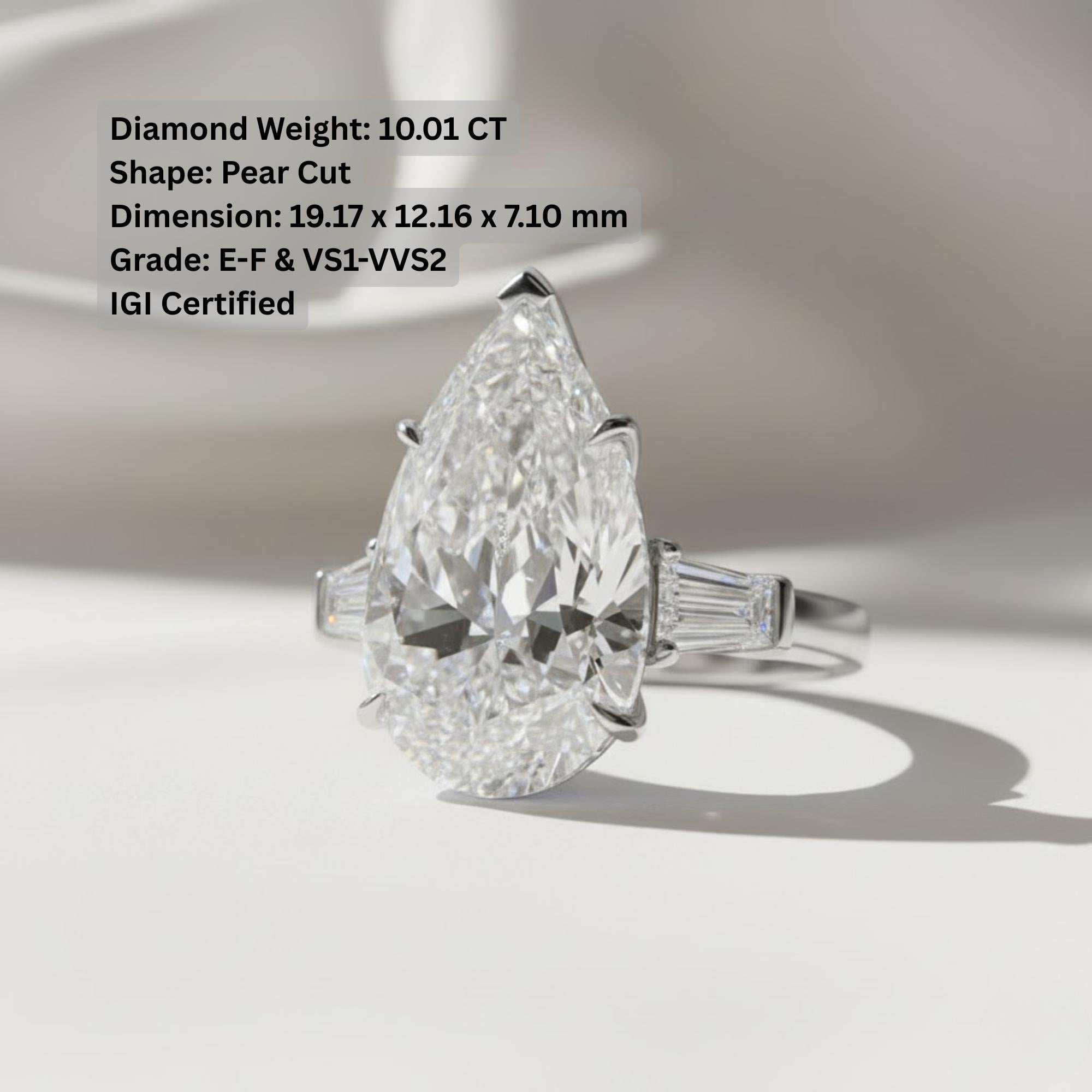 HUGE 10 Carat Pear Cut Lab Grown Diamond Three Stone Ring / Trilogy Tapered Baguette and Pear Cut Engagement Ring / Luxury 3 Stone Ring