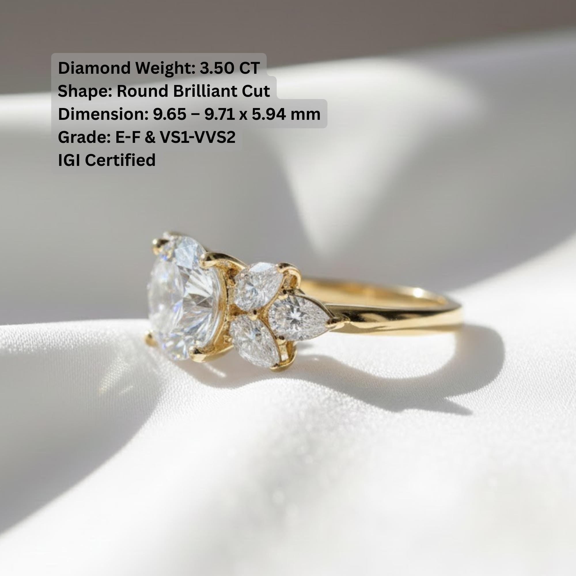 5 Carat Round Brilliant Cut Diamond Ring | IGI Certified Round & Pear Diamond Ring | Yellow Gold Statement Engagement Ring By Mirae Jewelry