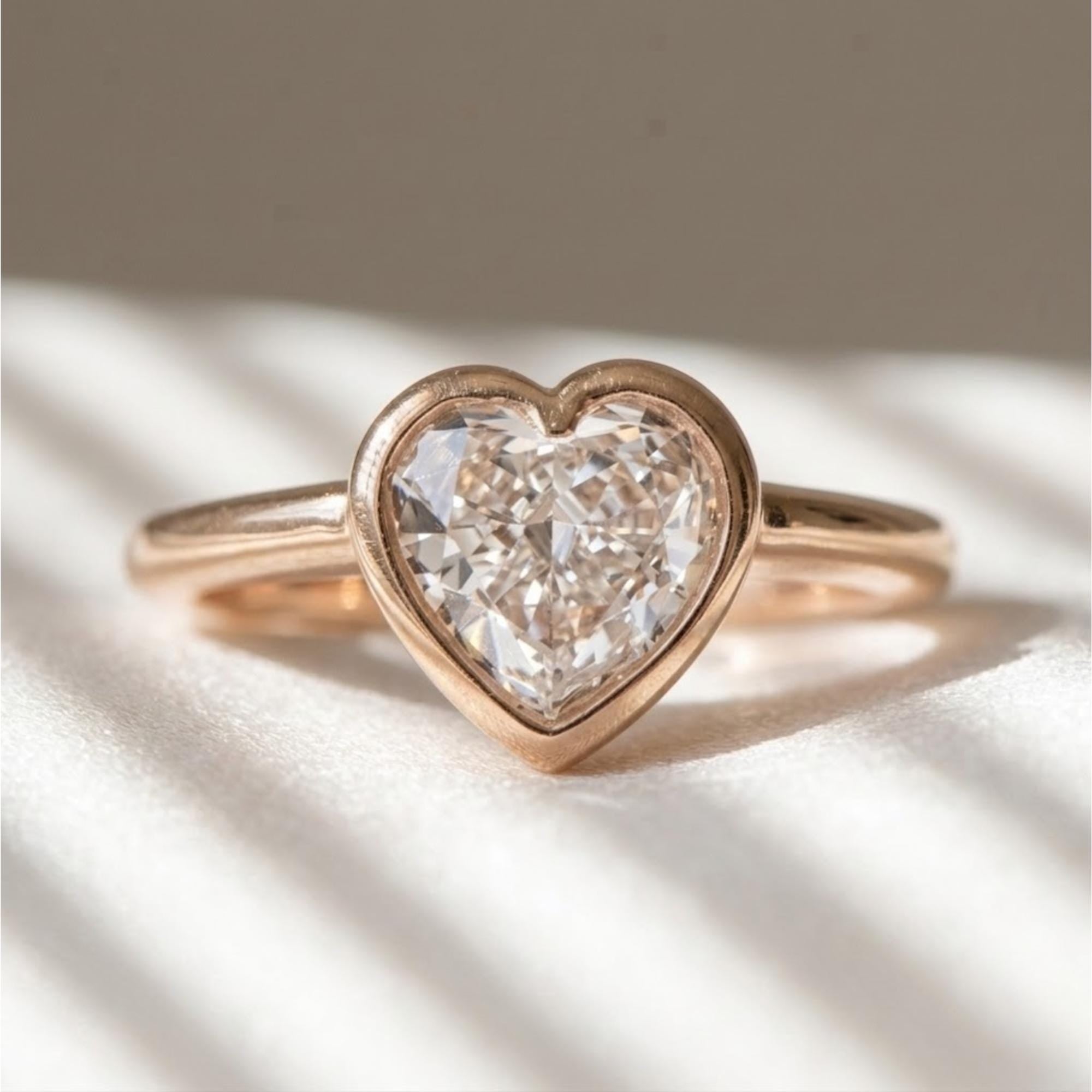 1 Ct Heart Lab Grown Diamond Ring IGI Certified Bezel Solitaire 14K Gold F VS2 Engagement Ring
