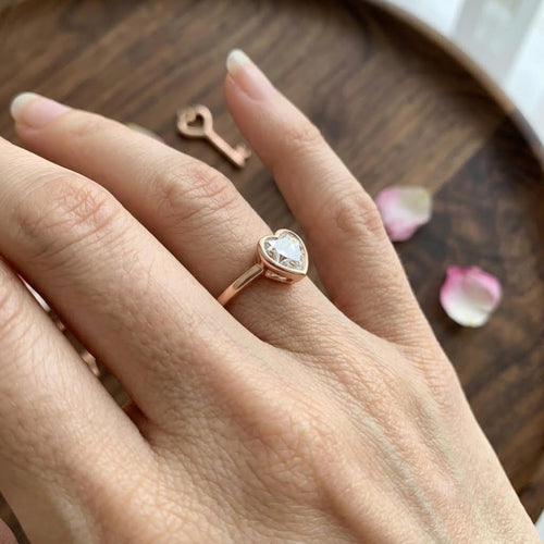 1 Ct Heart Lab Grown Diamond Ring IGI Certified Bezel Solitaire 14K Gold F VS2 Engagement Ring