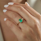 Green Emerald Birthstone Engagement Ring Asymmetric Emerald Ring 10K Gold and Sterling Silver Minimalist Ring