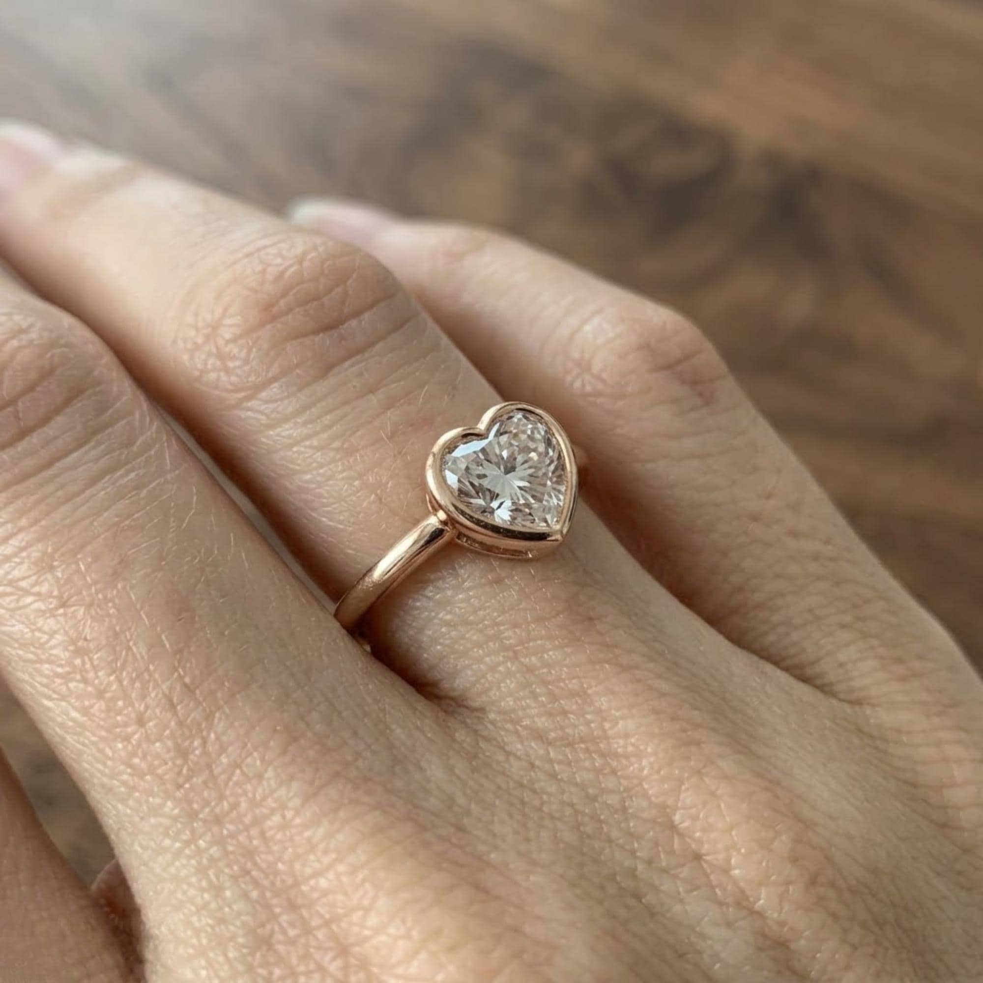 1 Ct Heart Lab Grown Diamond Ring IGI Certified Bezel Solitaire 14K Gold F VS2 Engagement Ring