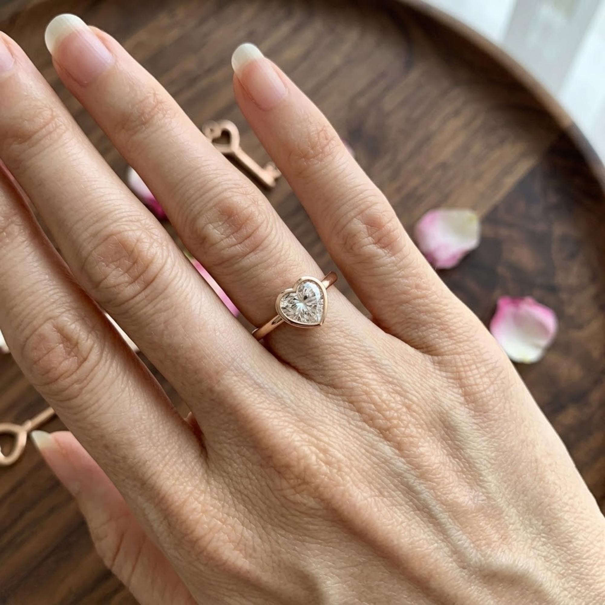 1 Ct Heart Lab Grown Diamond Ring IGI Certified Bezel Solitaire 14K Gold F VS2 Engagement Ring