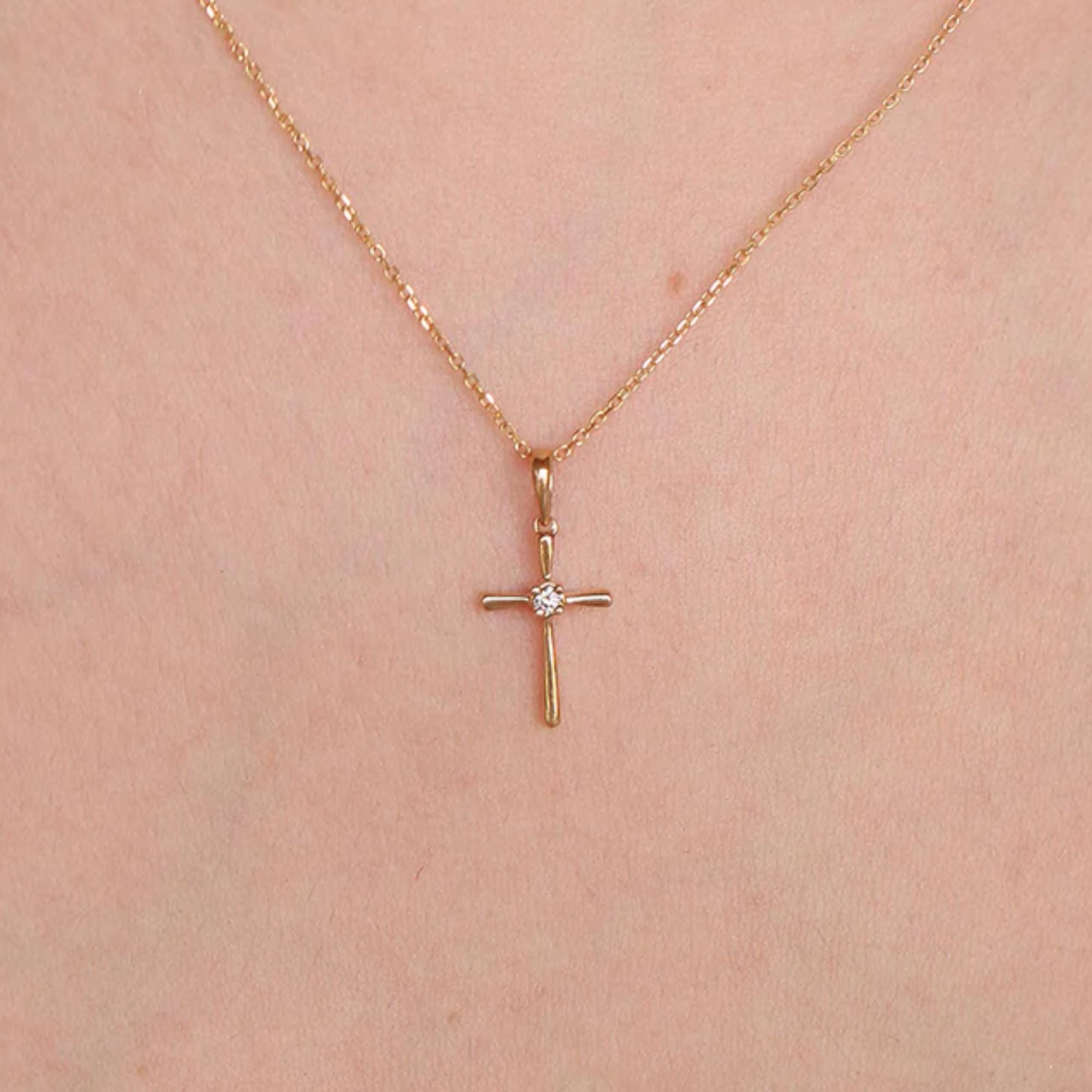 Minimal Diamond Cross Necklace Lab Diamond Cross Pendant Sterling Silver 10K Gold Dainty Necklace