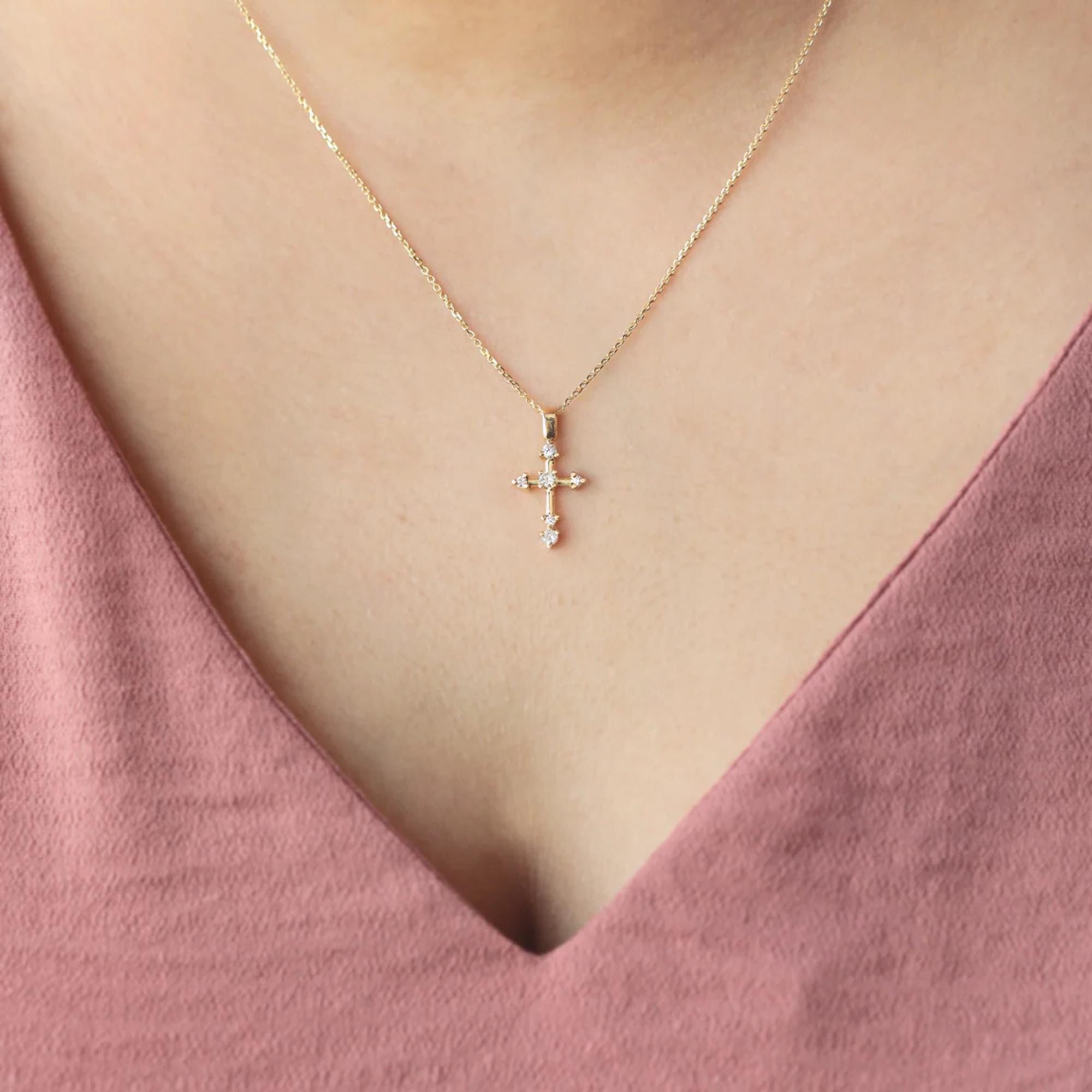 Diamond Cross Necklace Lab Diamond Dainty Cross Pendant Sterling Silver 10K Gold Faith Necklace