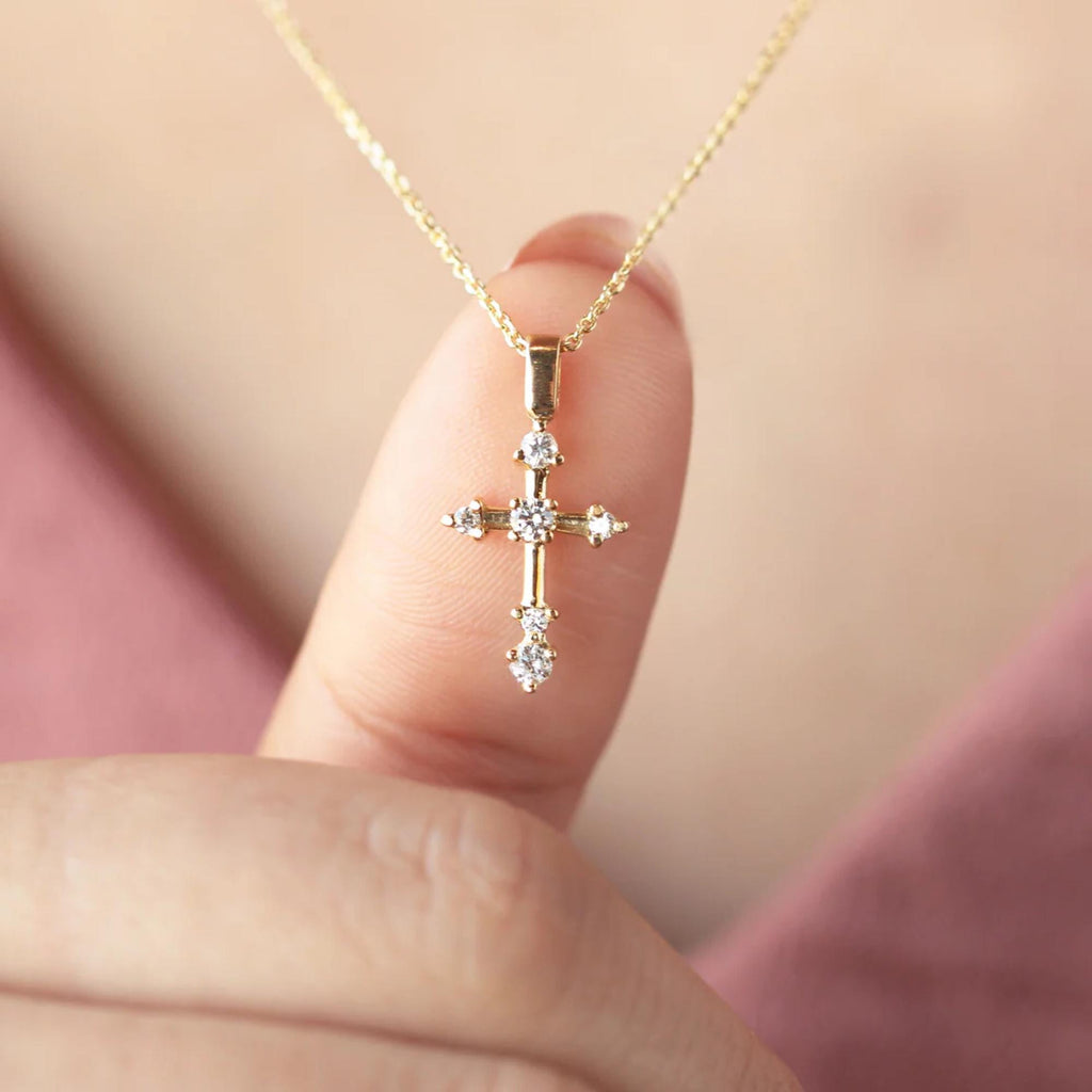 Diamond Cross Necklace Lab Diamond Dainty Cross Pendant Sterling Silver 10K Gold Faith Necklace