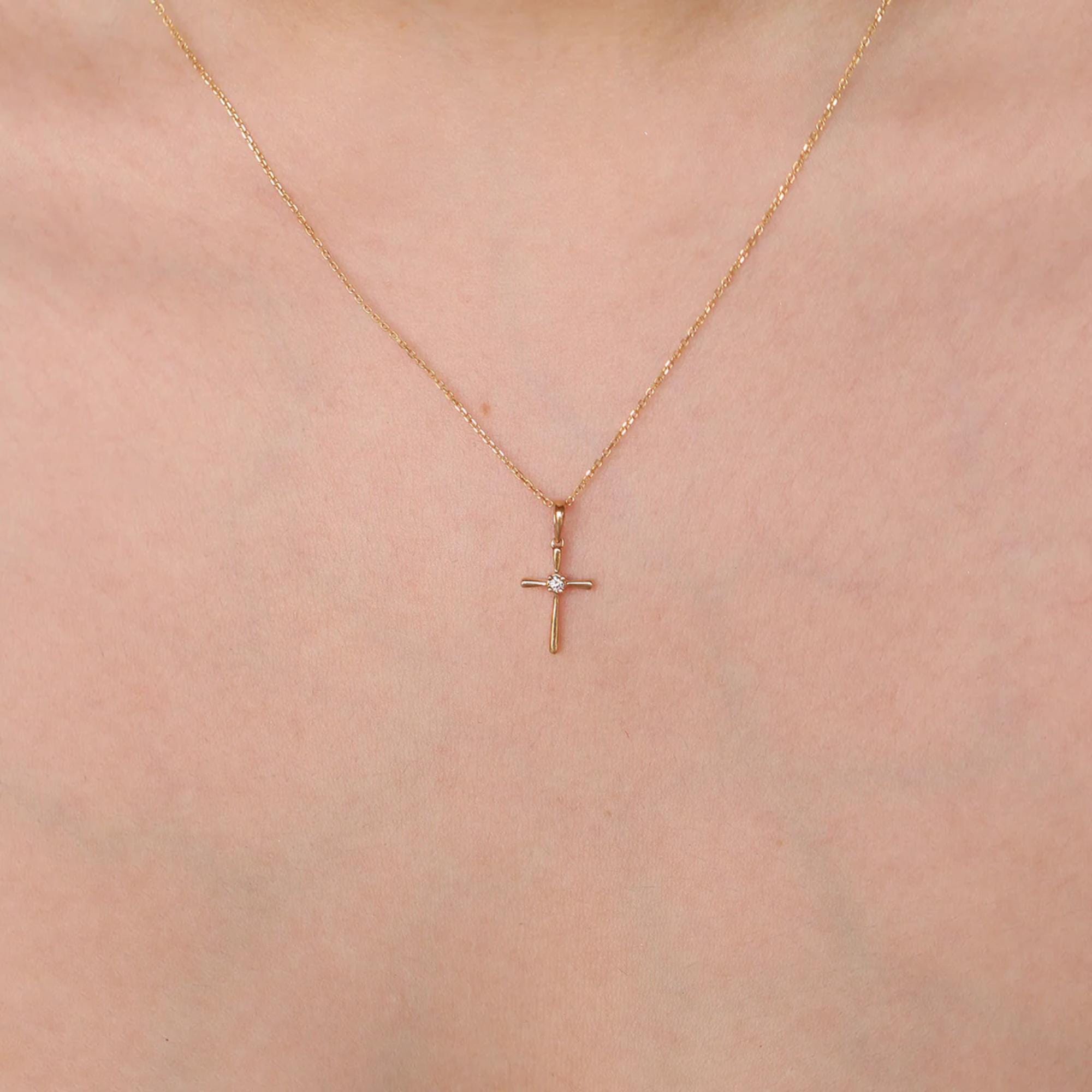 Minimal Diamond Cross Necklace Lab Diamond Cross Pendant Sterling Silver 10K Gold Dainty Necklace