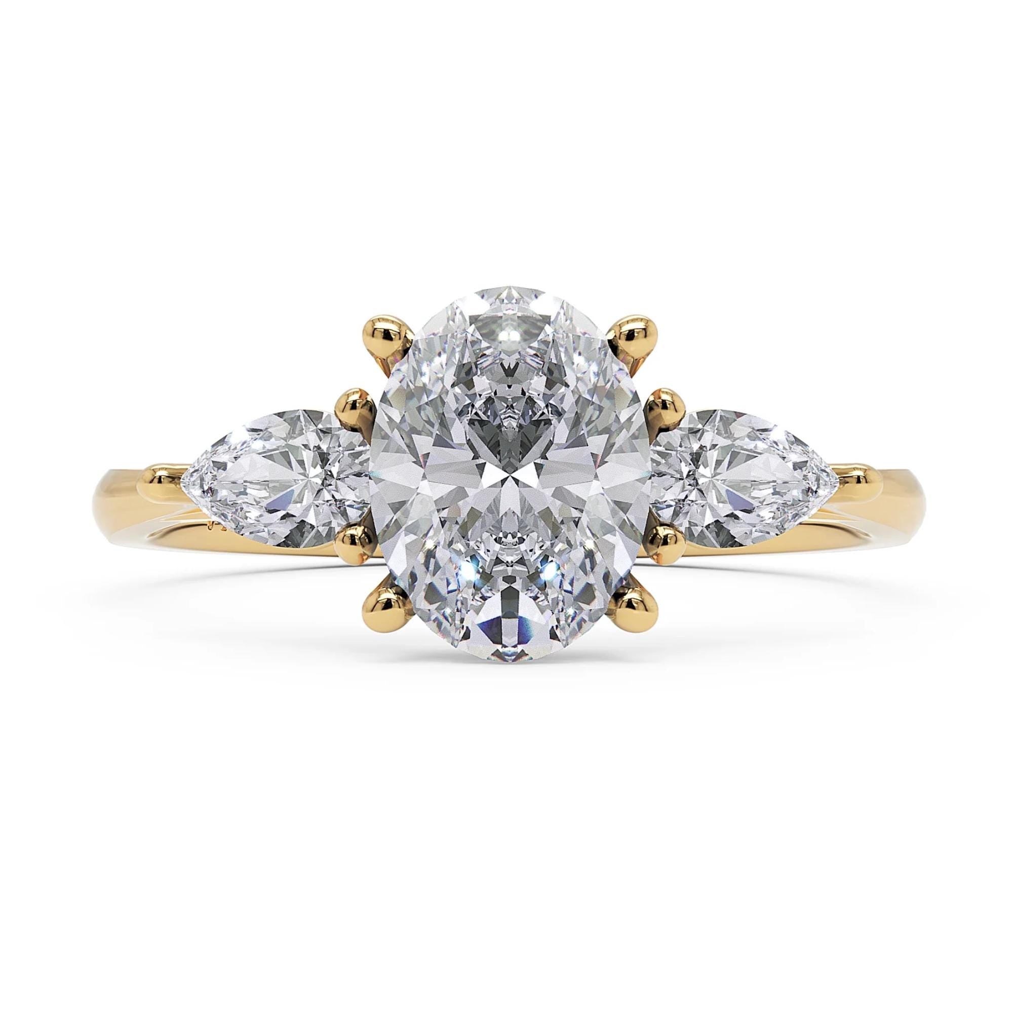 Oval Lab Grown Diamond Engagement Ring 14K Gold Three Stone Ring 1.5 CT Oval Diamond Ring Pear Side Stone Engagement Ring VVS DEF