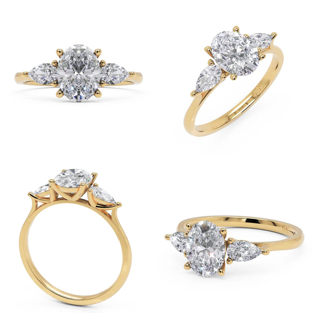 Oval Lab Grown Diamond Engagement Ring 14K Gold Three Stone Ring 1.5 CT Oval Diamond Ring Pear Side Stone Engagement Ring VVS DEF