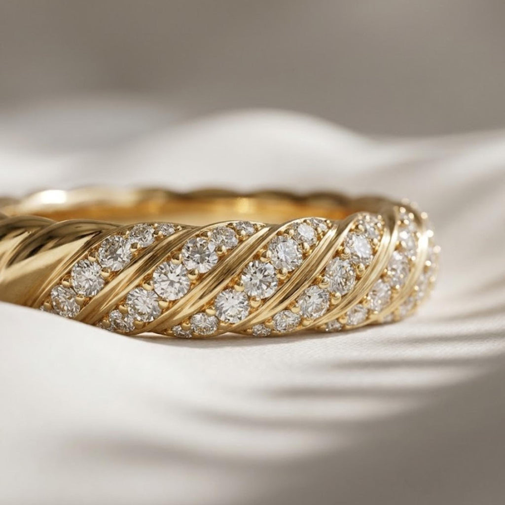 Sculpted Cable Diamond Band Ring 10K 14K Gold Lab Grown Diamond Rope Ring Twisted Gold Wedding Band Stackable Ring Gift for Her