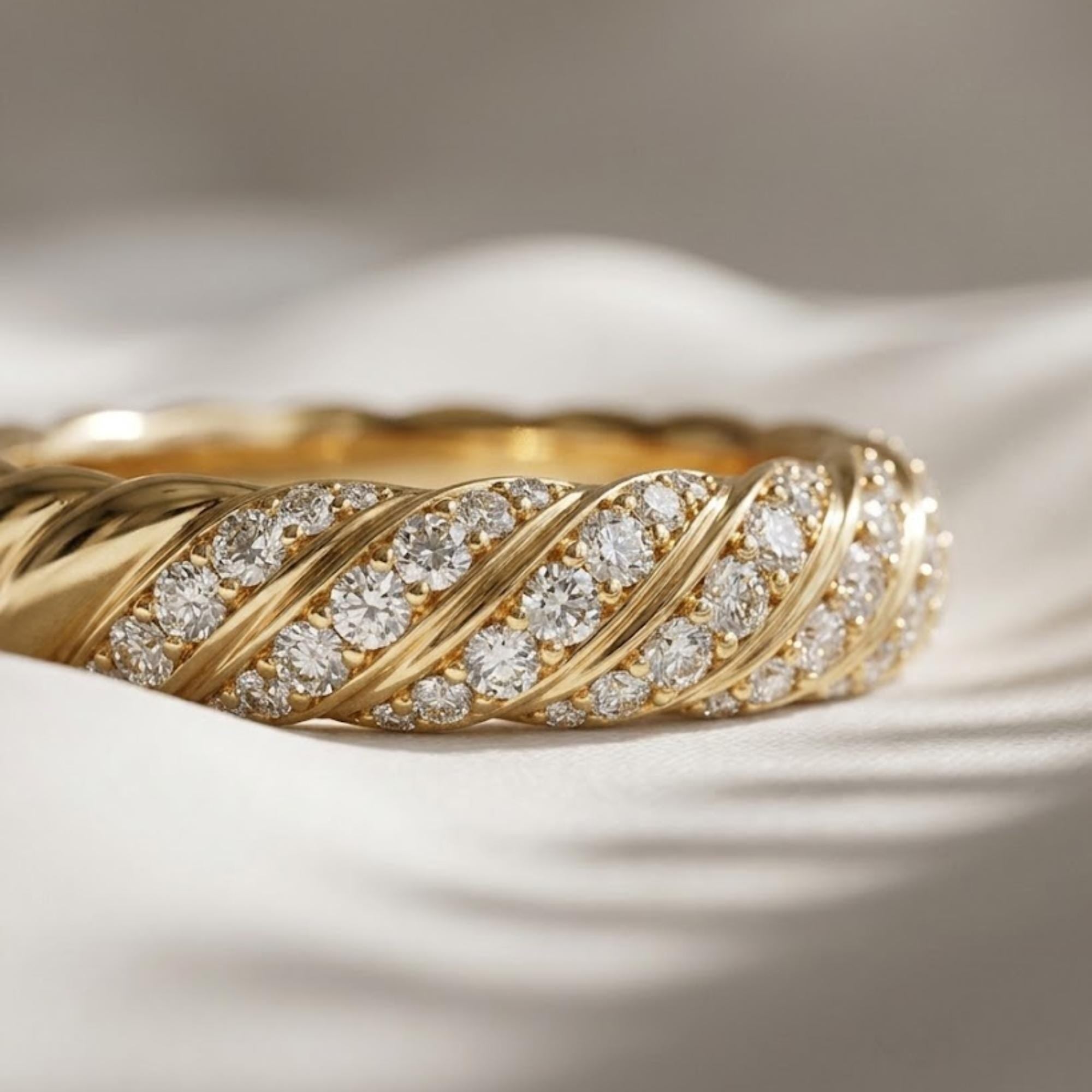 Sculpted Cable Diamond Band Ring 10K 14K Gold Lab Grown Diamond Rope Ring Twisted Gold Wedding Band Stackable Ring Gift for Her