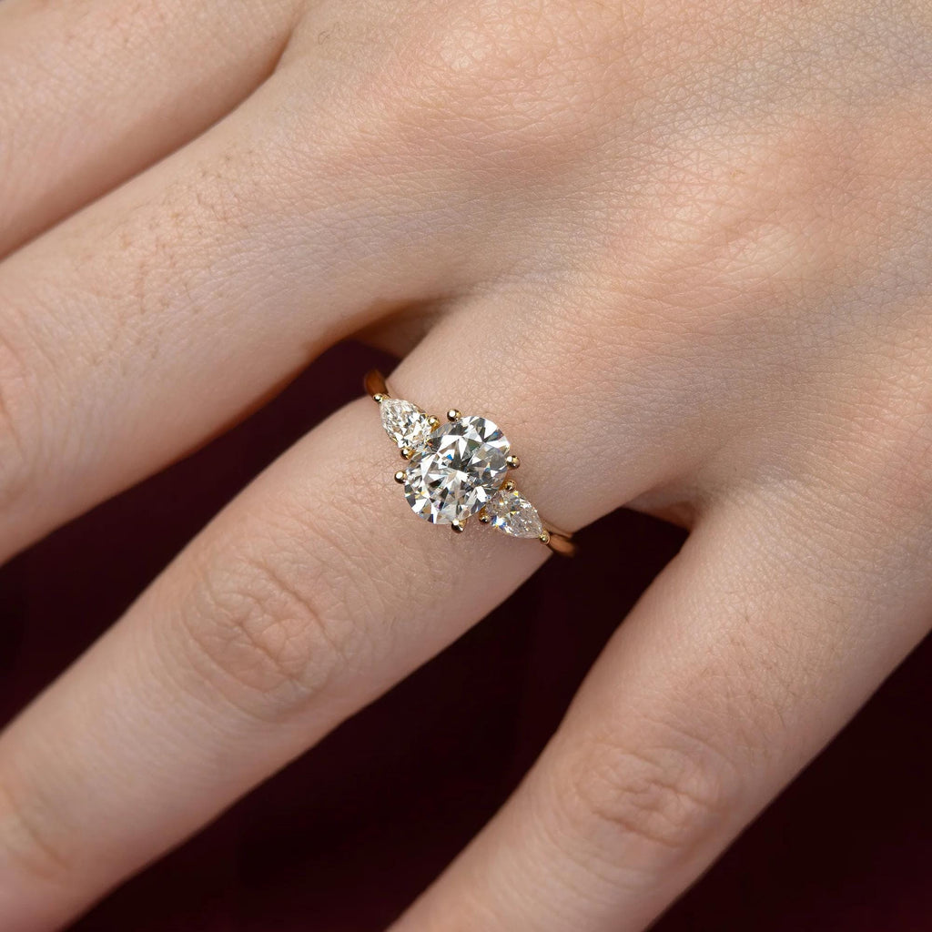 Oval Lab Grown Diamond Engagement Ring 14K Gold Three Stone Ring 1.5 CT Oval Diamond Ring Pear Side Stone Engagement Ring VVS DEF
