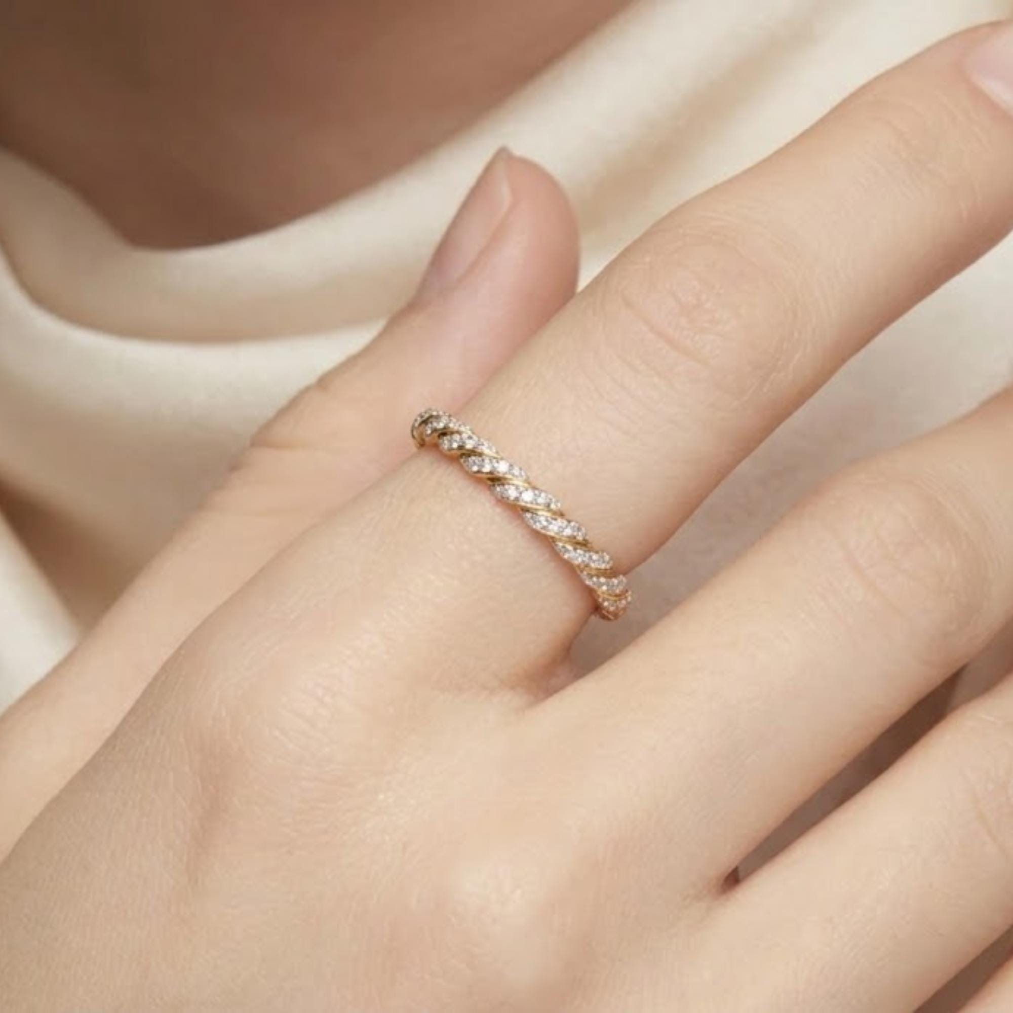 Pavé Diamond Band Ring 10K 14K Gold Lab Grown Diamond Stackable Wedding Band Minimalist Eternity Ring Gift for Her