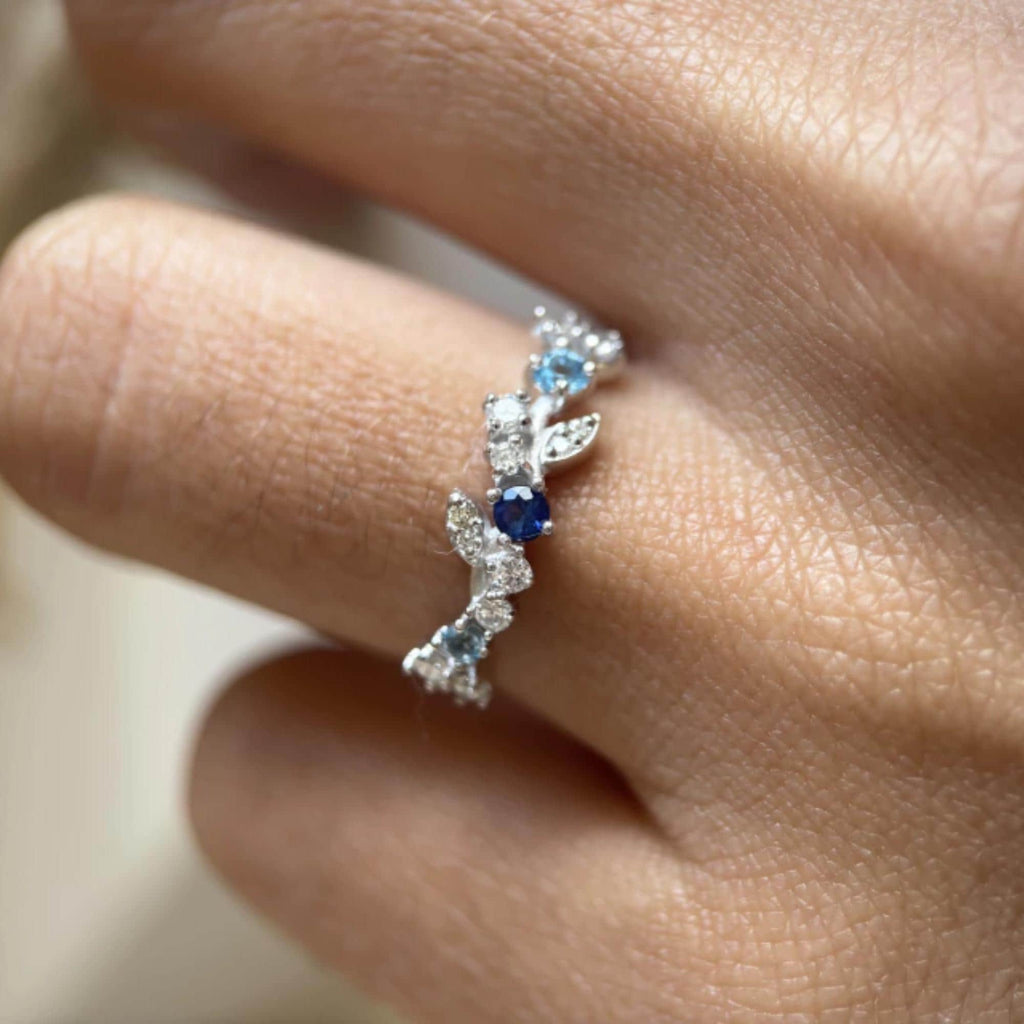 Blue Sapphire Swiss Topaz Diamond Ring 10K 14K Gold Floral Nature Ring Lab Grown Diamond Statement Ring Gift for Her