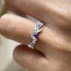 Blue Sapphire Swiss Topaz Diamond Ring 10K 14K Gold Floral Nature Ring Lab Grown Diamond Statement Ring Gift for Her