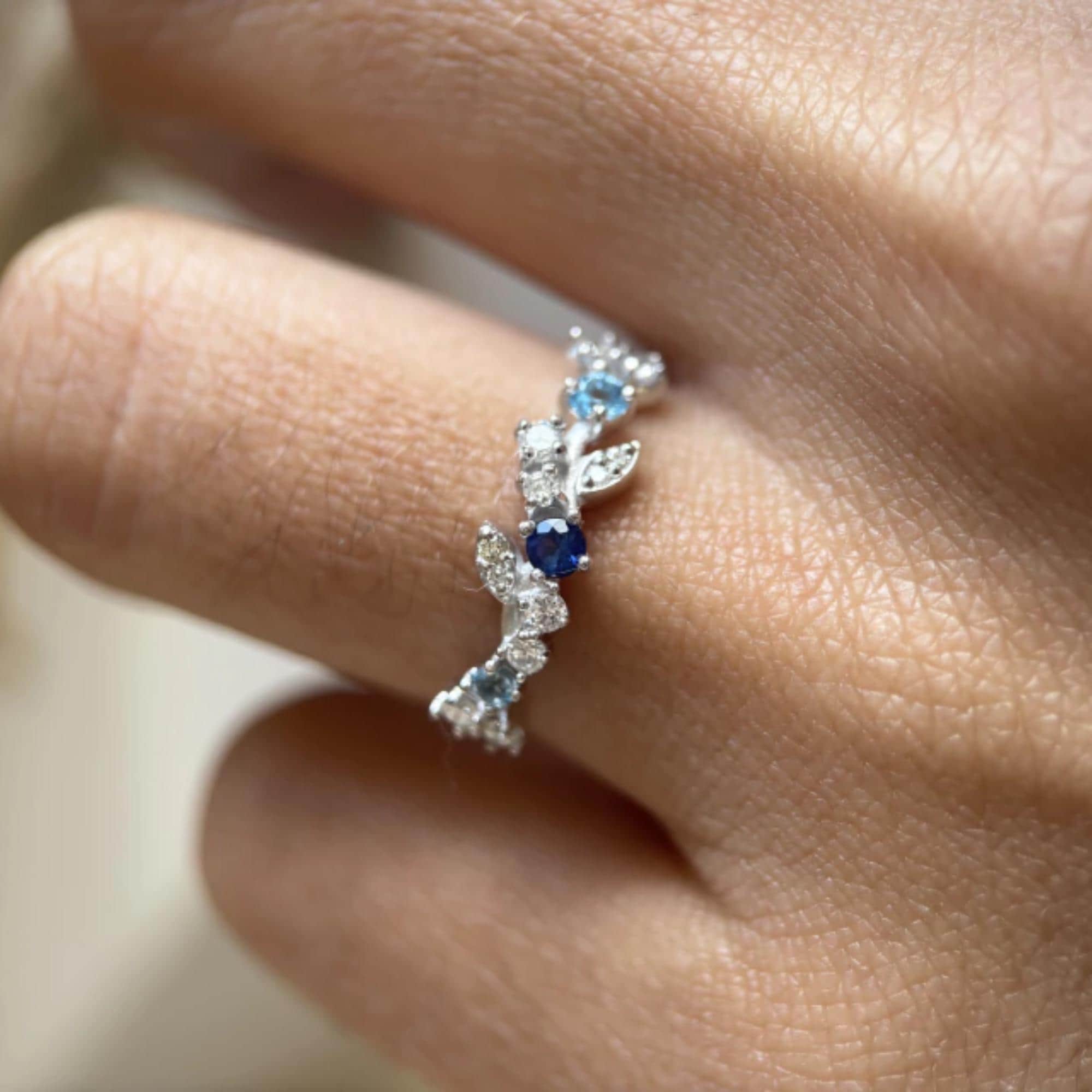 Blue Sapphire Swiss Topaz Diamond Ring 10K 14K Gold Floral Nature Ring Lab Grown Diamond Statement Ring Gift for Her