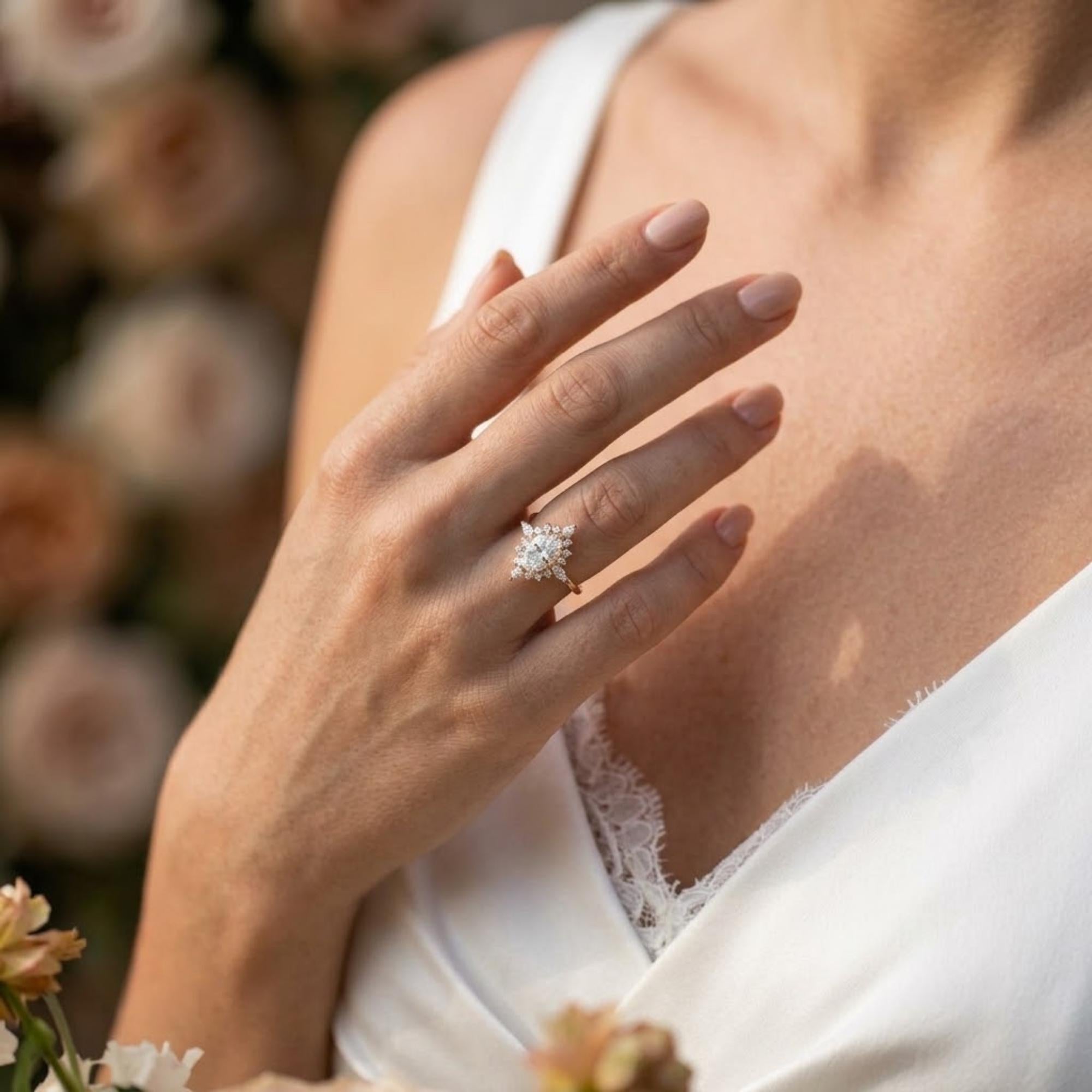 Oval Lab Grown Diamond Halo Engagement Ring 1.30 CTW 10K 14K Gold Marquise Diamond Bridal Ring Floral Promise Ring