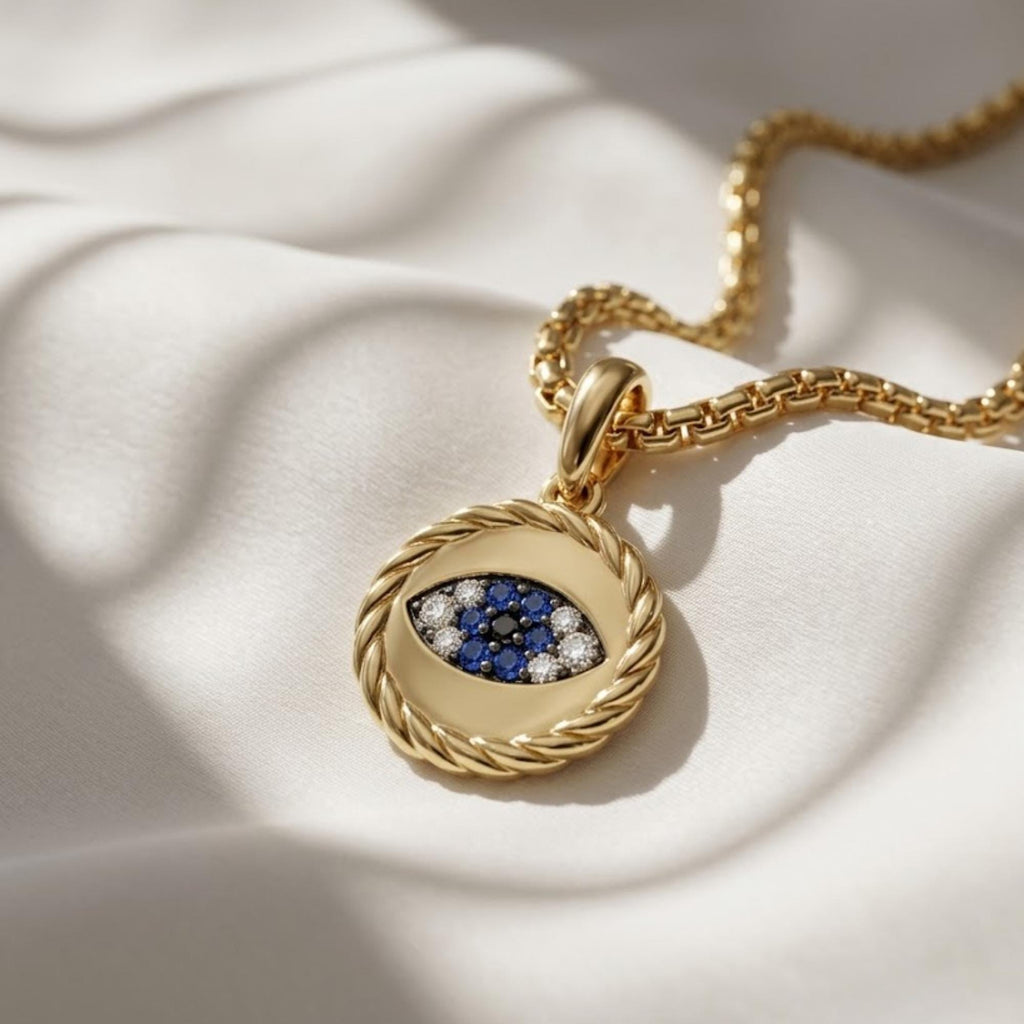Diamond Evil Eye Pendant 10K 14K Gold Blue Sapphire Necklace Charm Lab Diamond Protection Amulet Gift for Her
