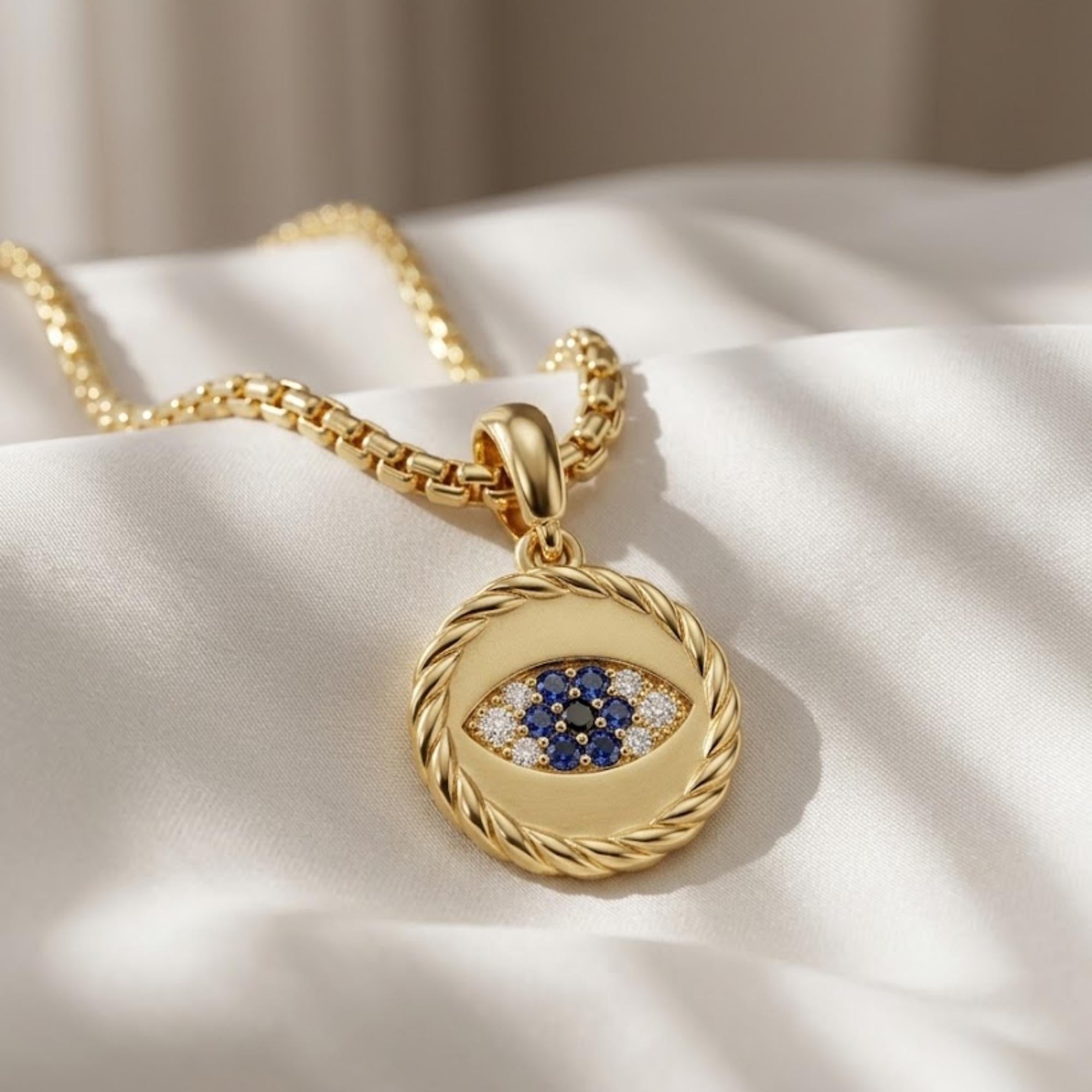 Diamond Evil Eye Pendant 10K 14K Gold Blue Sapphire Necklace Charm Lab Diamond Protection Amulet Gift for Her