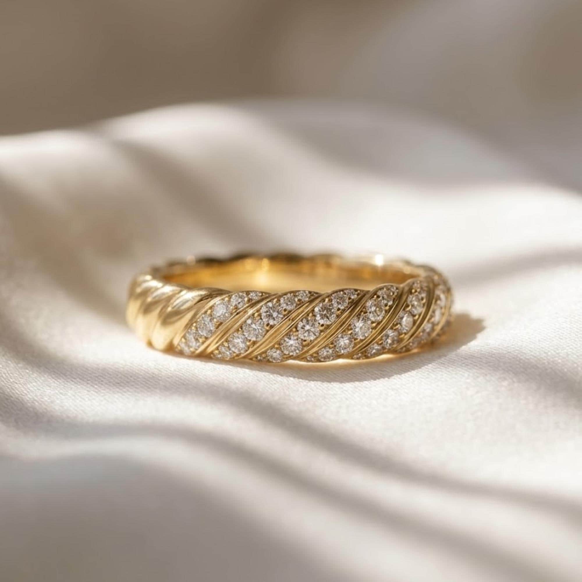 Sculpted Cable Diamond Band Ring 10K 14K Gold Lab Grown Diamond Rope Ring Twisted Gold Wedding Band Stackable Ring Gift for Her