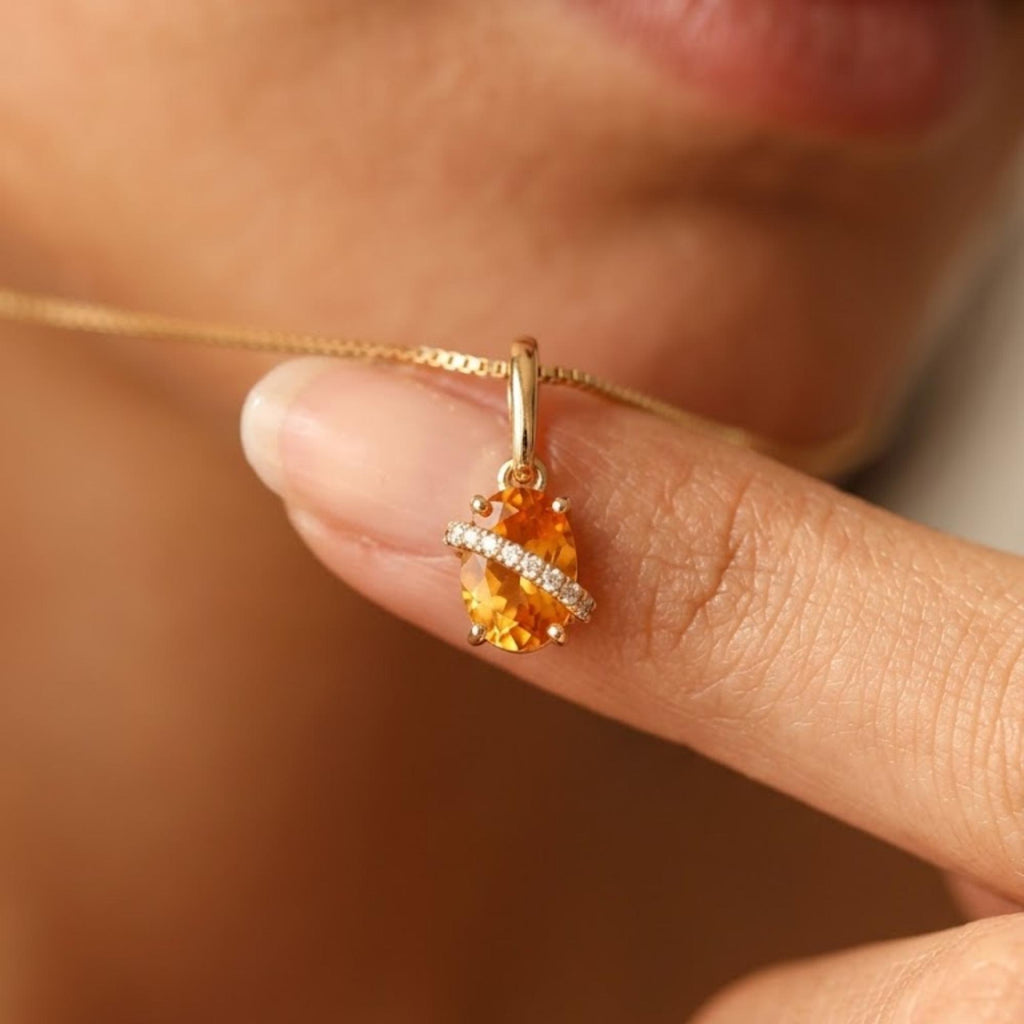 Citrine Diamond Pendant 10K 14K Gold November Birthstone Necklace Charm Pear Citrine Lab Diamond Fine Jewelry Gift