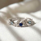Blue Sapphire Swiss Topaz Diamond Ring 10K 14K Gold Floral Nature Ring Lab Grown Diamond Statement Ring Gift for Her