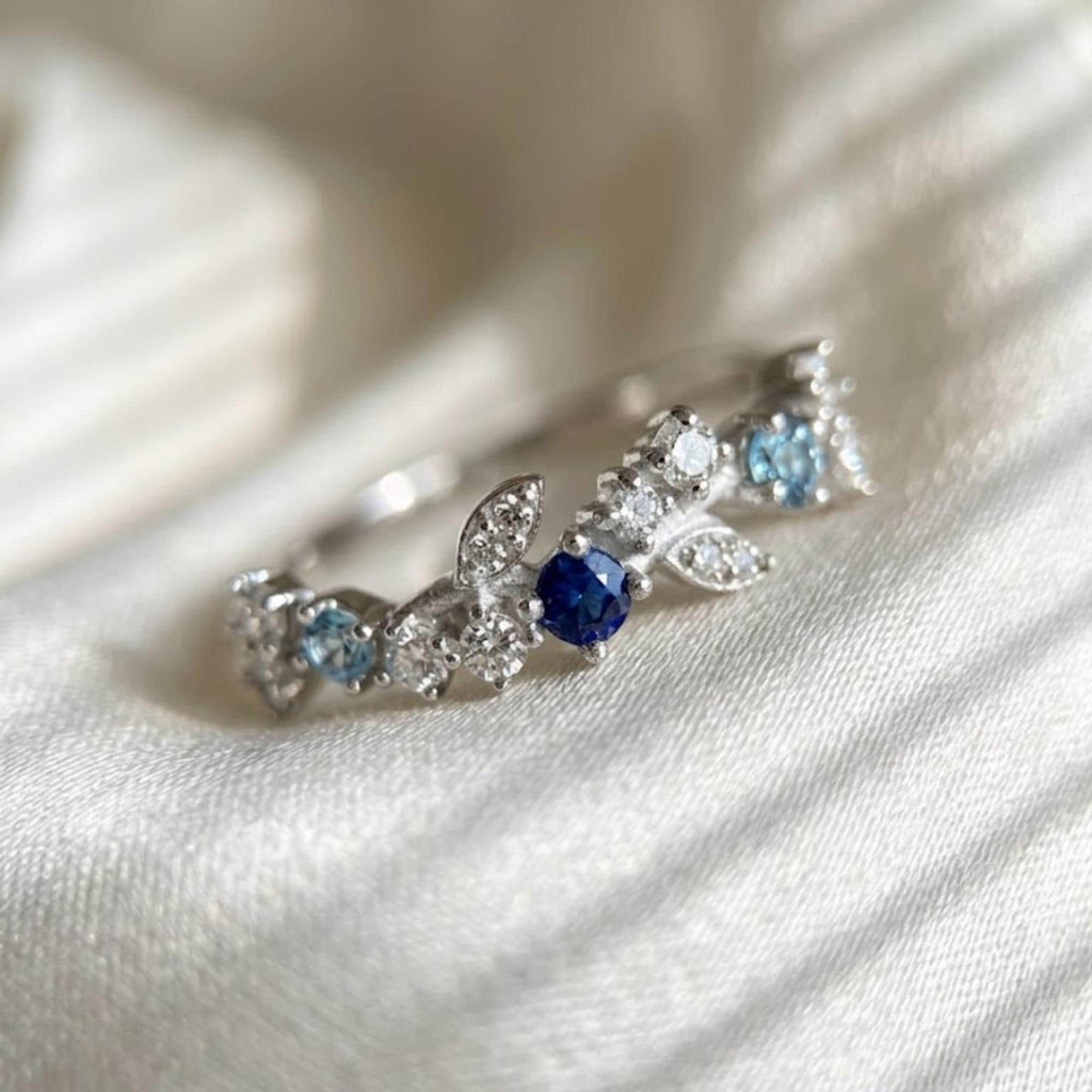 Blue Sapphire Swiss Topaz Diamond Ring 10K 14K Gold Floral Nature Ring Lab Grown Diamond Statement Ring Gift for Her