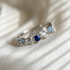 Blue Sapphire Swiss Topaz Diamond Ring 10K 14K Gold Floral Nature Ring Lab Grown Diamond Statement Ring Gift for Her