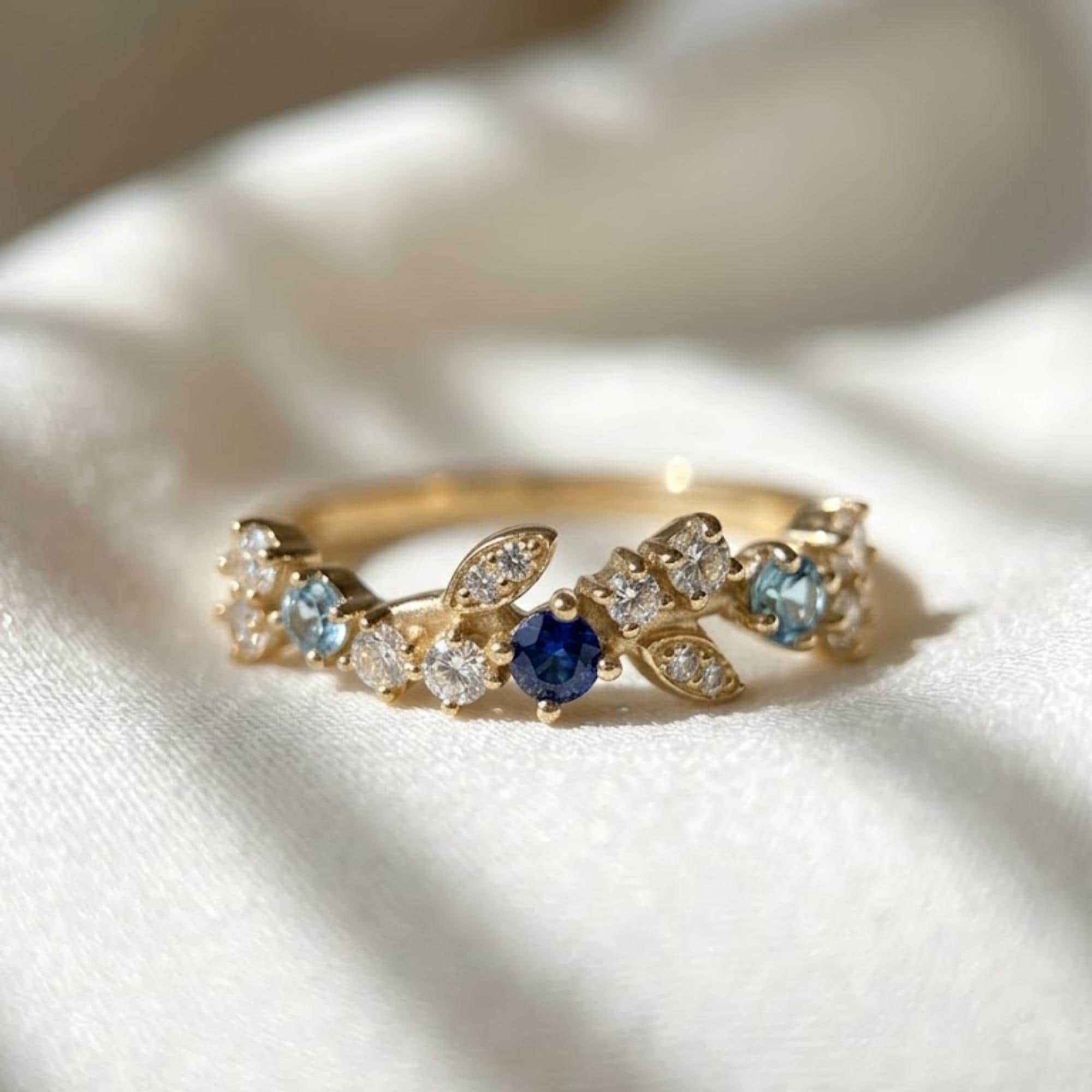 Blue Sapphire Swiss Topaz Diamond Ring 10K 14K Gold Floral Nature Ring Lab Grown Diamond Statement Ring Gift for Her