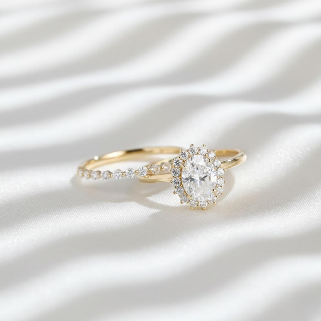 2.50 CTW Oval Lab Grown Diamond Bridal Ring Set IGI Certified 10K 14K Gold Halo Engagement Ring Half Eternity Wedding Band