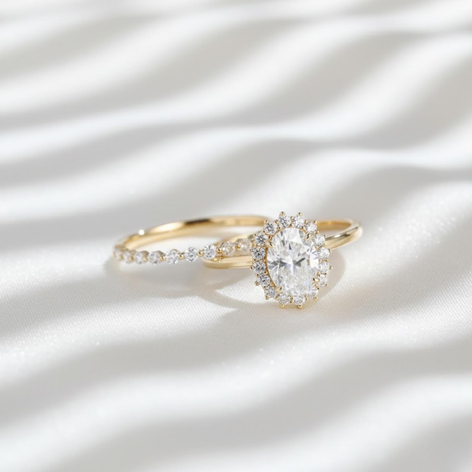2.50 CTW Oval Lab Grown Diamond Bridal Ring Set IGI Certified 10K 14K Gold Halo Engagement Ring Half Eternity Wedding Band