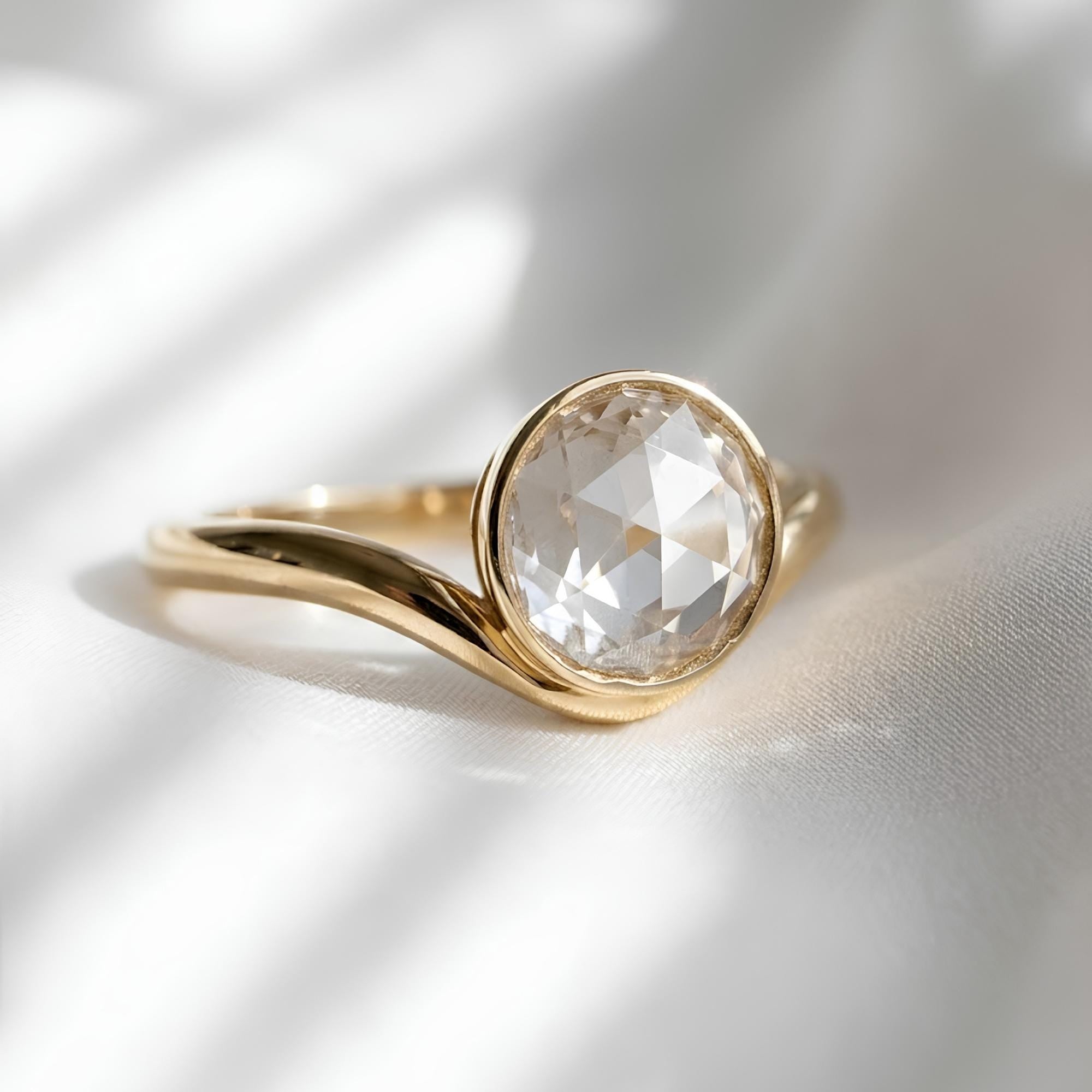 0.94 CT Rose Cut Lab Grown Diamond Ring IGI Certified 14K Solid Gold Bezel Set Antique Engagement Ring Round Diamond Solitaire